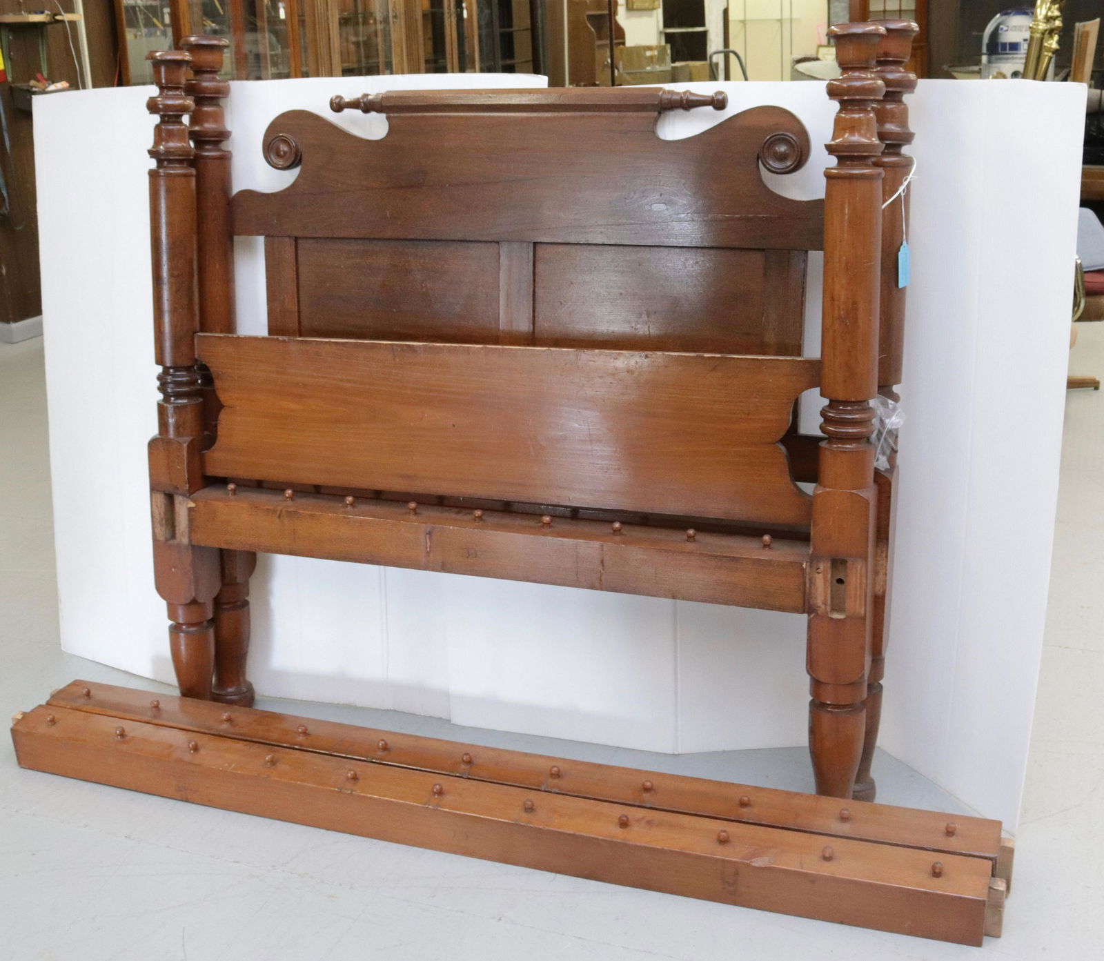 ANTIQUE MAPLE ROPE BED: 3/4 SIZE. PANELED HEADBOARD WITH TURNED POSTS- 52" X 53" X 78" TOTAL SIZE