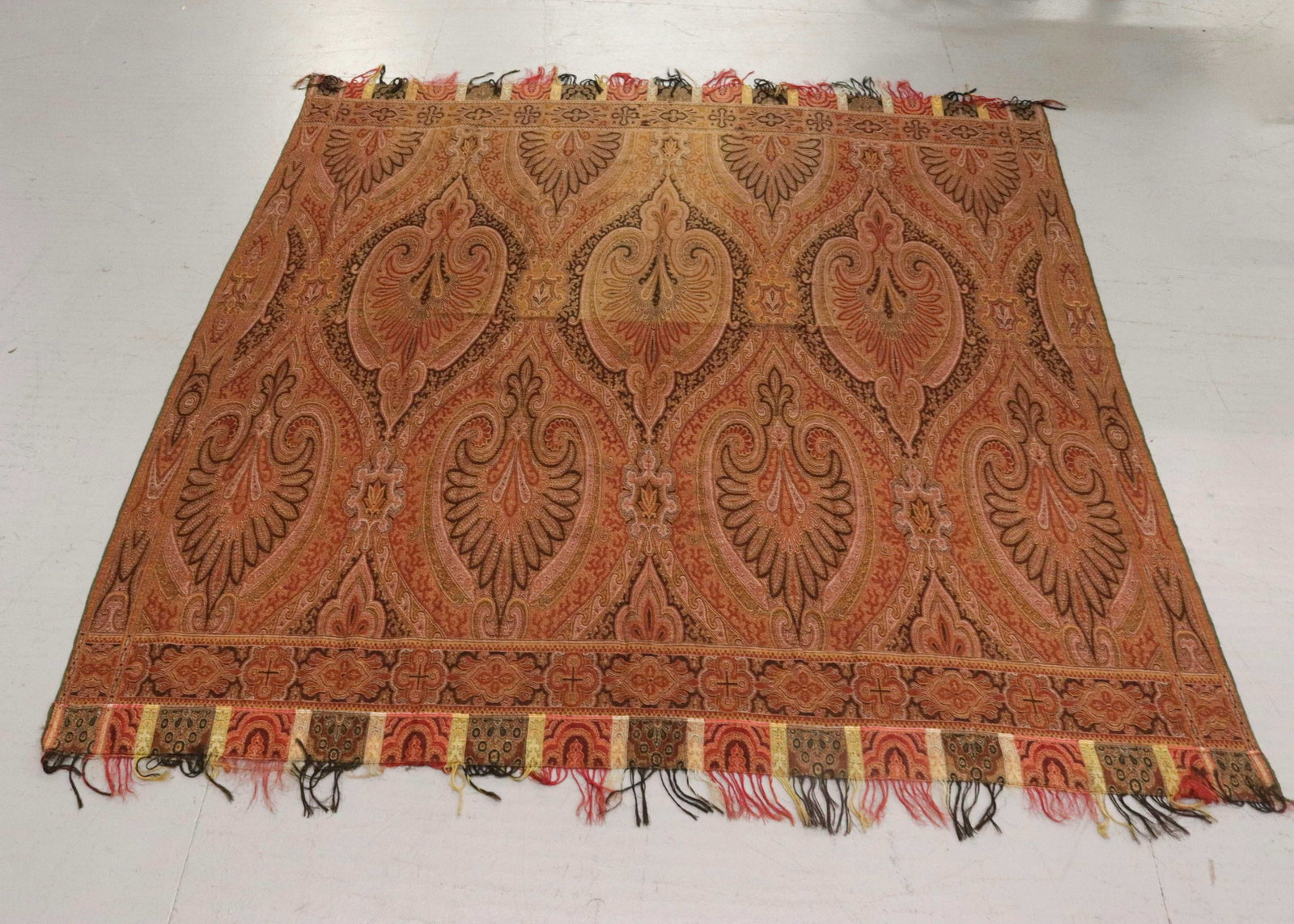 ANTIQUE WOVEN PIANO SCARF: WOVEN TEXTILE IN EARTHTONES. FRINGED BORDER- 66" X 64"