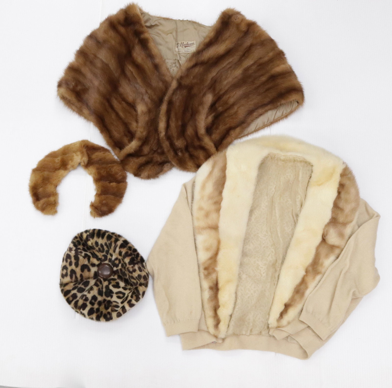 GROUP LOT OF VINTAGE FURS: FUR TRIMMED SWEATER TAGGED "ED BEHAN'S TWEED SHOP", FAUX LEOPARD PRINT HAT AND FUR WRAP "QUEBEC CANADA"