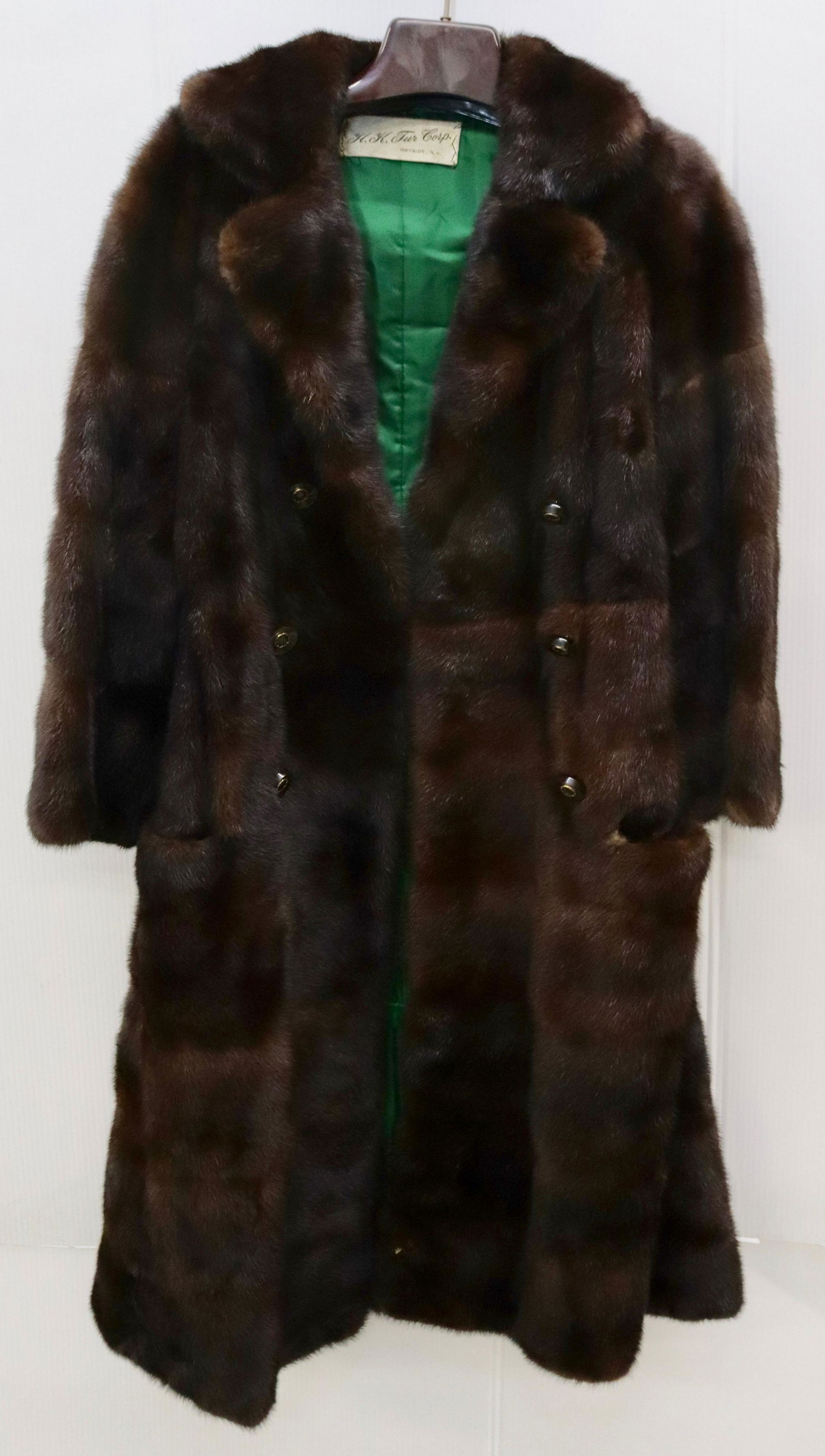 VINTAGE FUR COAT: 3/4 LENGTH MINK COAT BY H.K. FUR CORP., BAYSIDE, NY- APPROX. 20" ACROSS. 28" SLEEVE. 38" LENGTH