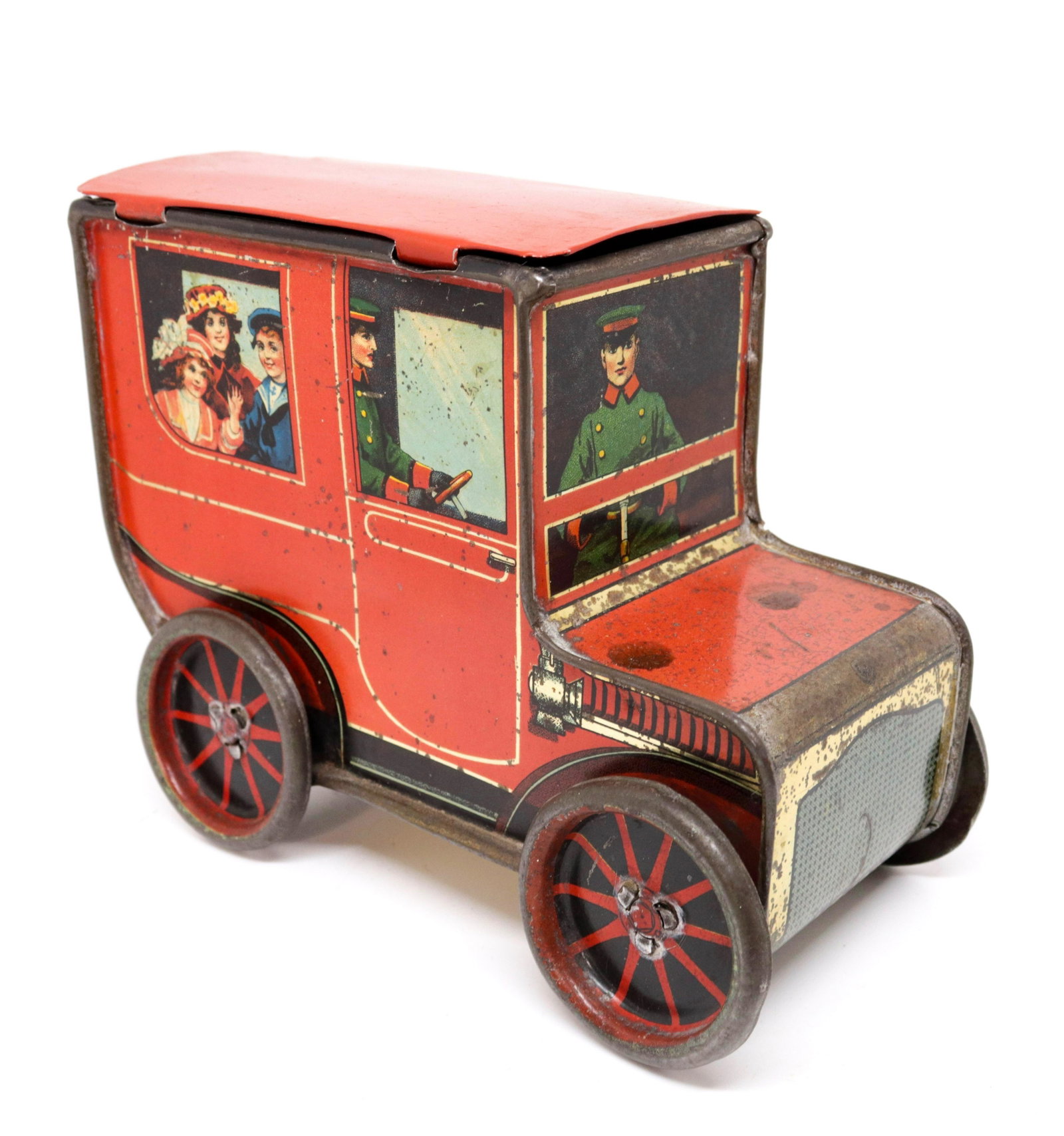 GRAY & DUNN LIMOUSINE: RED PAINTED LIMO COACH - CIRCA 1909 4 1/4" X 6" X 3"