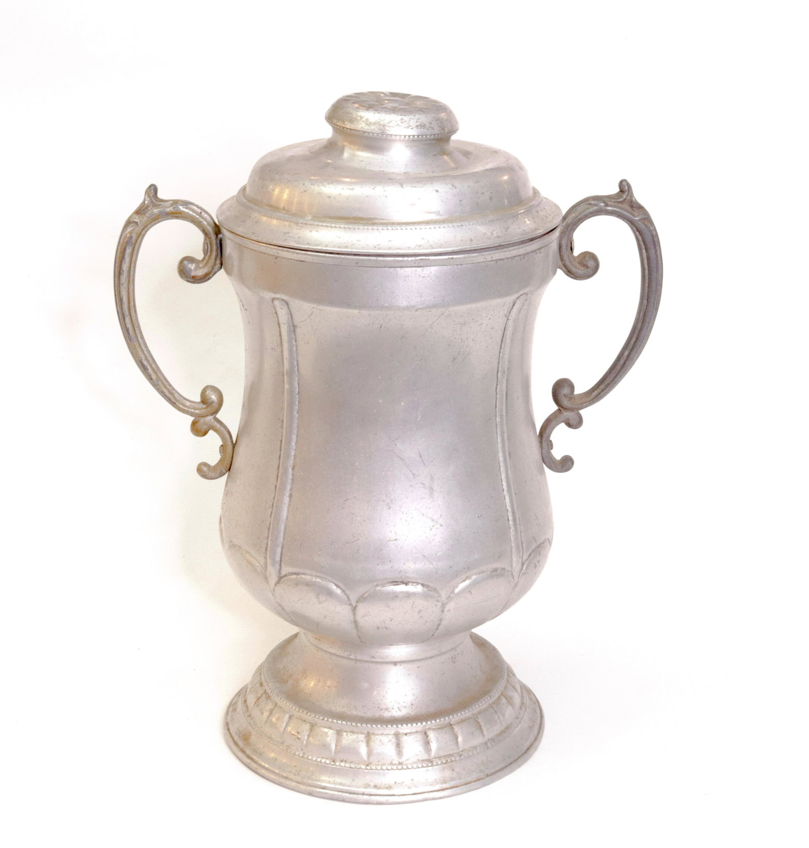 HUNTLEY & PALMERS BISCUIT TIN: FA CUP "TROPHY" STYLE TIN - CIRCA 1910 - ALUMINUM 16" H