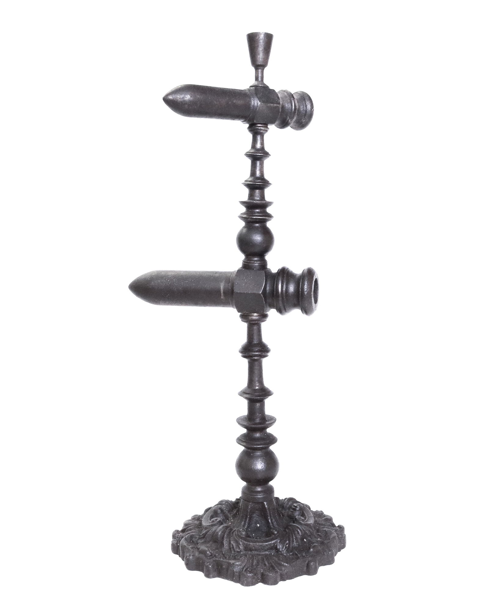 DOUBLE GOFFERING IRON: IRON HAS ELABORATE TURNING ON POST - FANCY BASE - TOP FINIAL Size 5 1/2" AND 7"