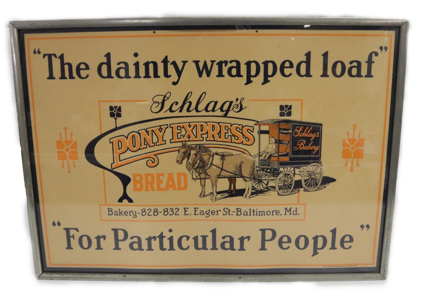 FRAMED BREAD ADVERTISER: SCHLAG'S PONY EXPRESS BREAD FRAMED UNDER GLASS Dimensions 14.5" X 20.25"