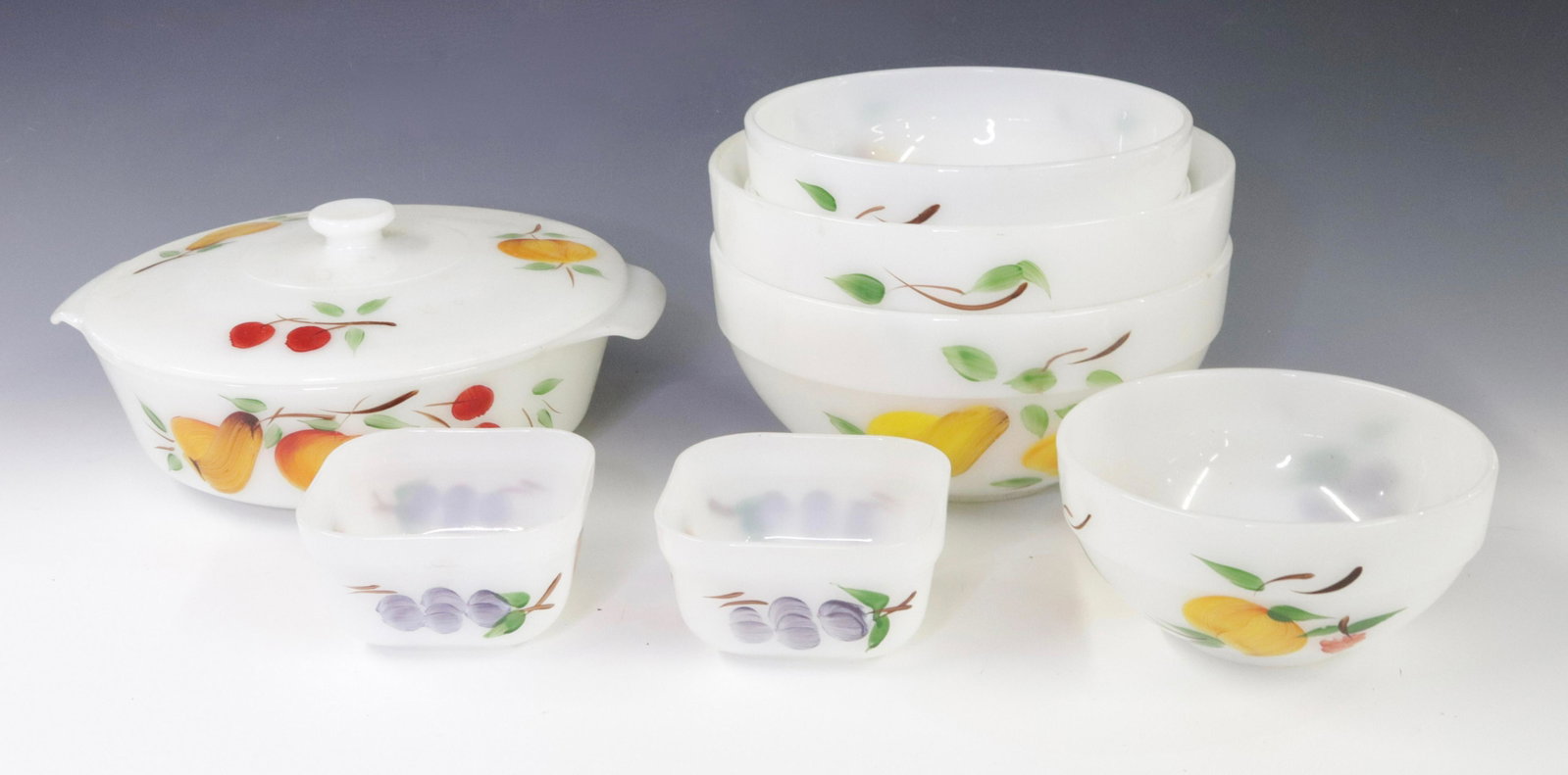 GROUP LOT OF FIRE-KING KITCHENWARE: (8) MILK GLASS BOWLS WITH PAINTED FRUIT MOTIF Dimensions LIDDED CASSEROLE IS 9.75" D