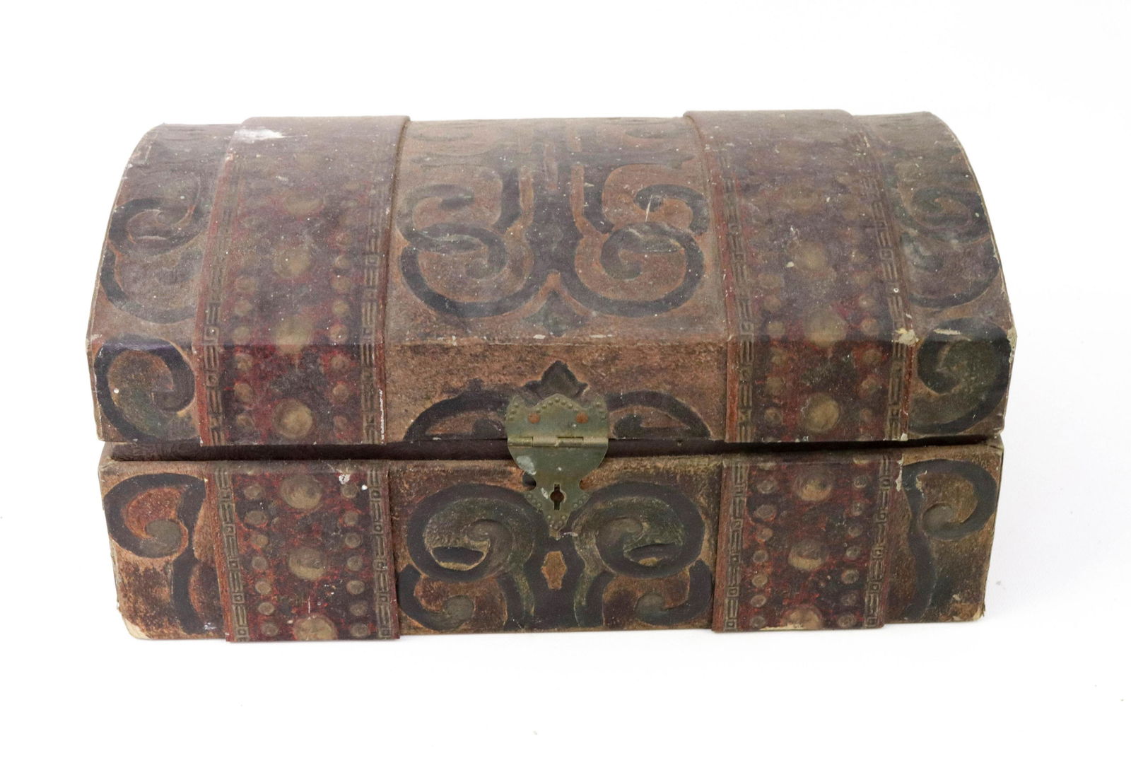 VINTAGE FAUX LEATHER TREASURE CHEST: DOME TOP WITH MAP ON INSIDE OF LID Dimensions 12.5" X 8"