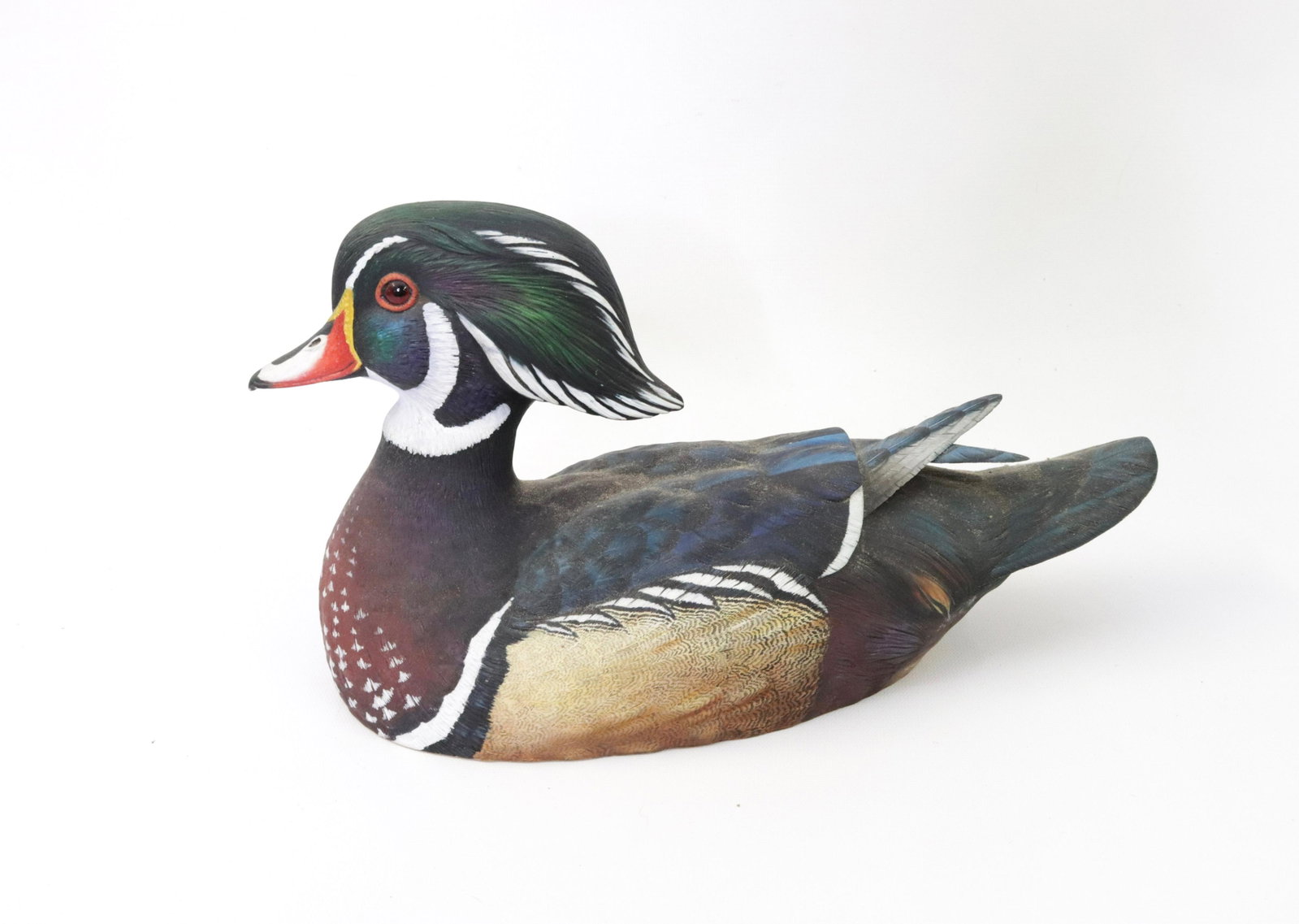 CARVED WOOD DUCK DRAKE SGND. MARY LOU: CARVED AND PAINTED WITH GLASS EYES Dimensions 13" L