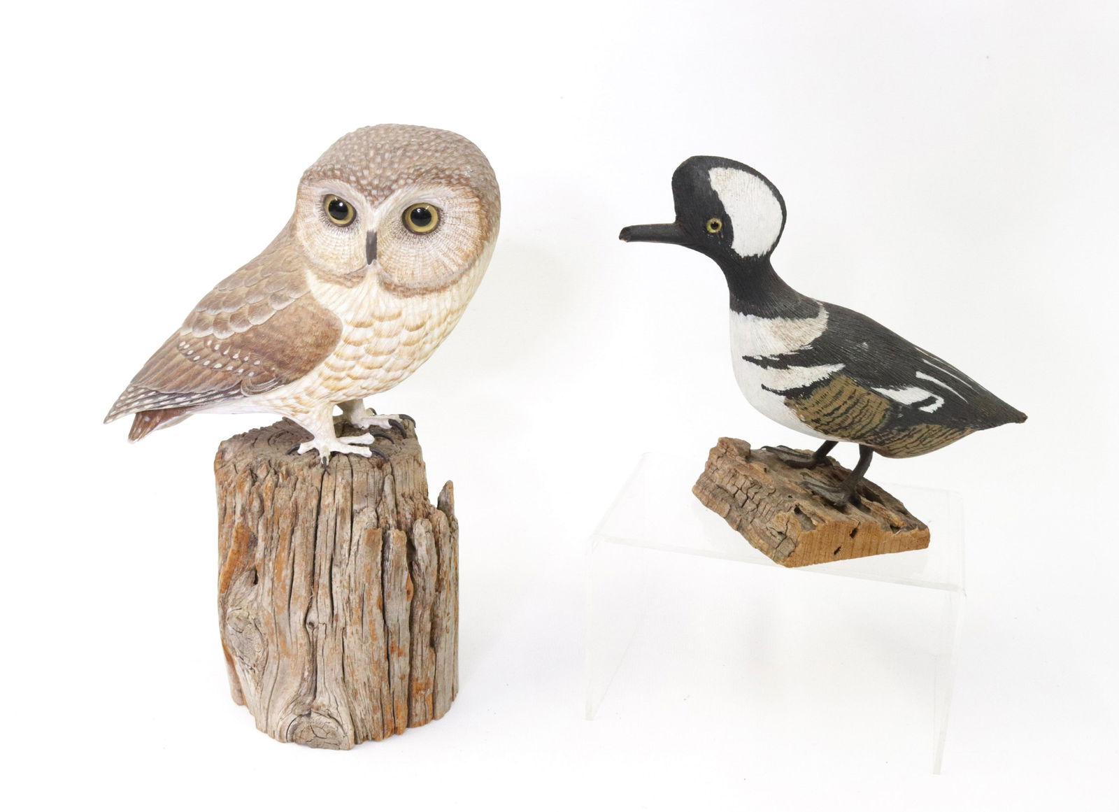 PAIR OF BIRD WOOD CARVINGS: QUALITY OWL WITH GLASS EYES ON WOOD. SMALLER DUCK SIGNED MK MOSEBACH 1982 Dimensions 6.25" TO 10" H