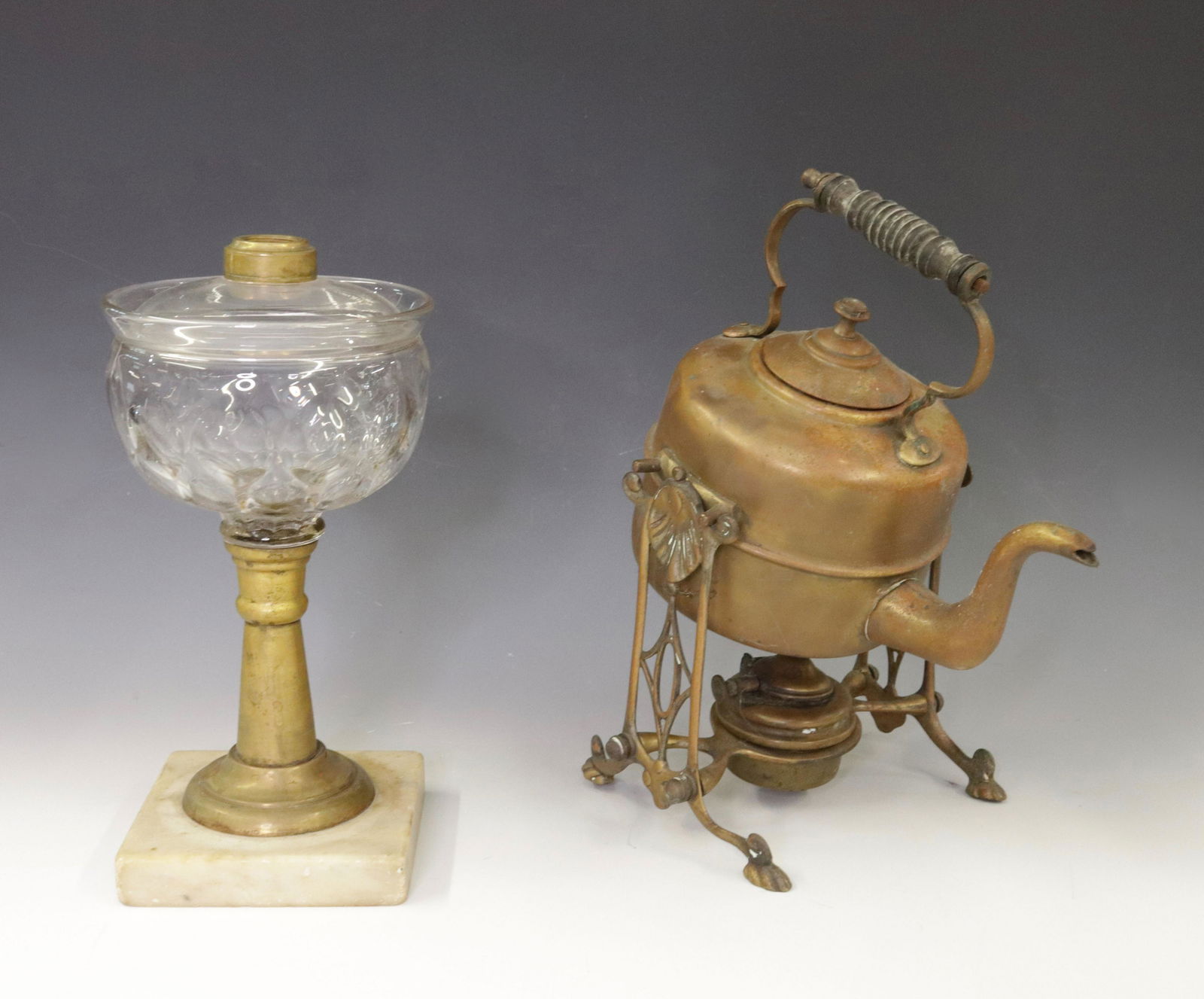 COPPER TEA KETTLE AND KEROSENE LAMP: KETTLE ON STAND WITH BURNER. LAMP HAS MARBLE BASE AND BRASS STEM. PAT'D SEPT 20, 1870 Dimensions LAMP IS 9.5" H