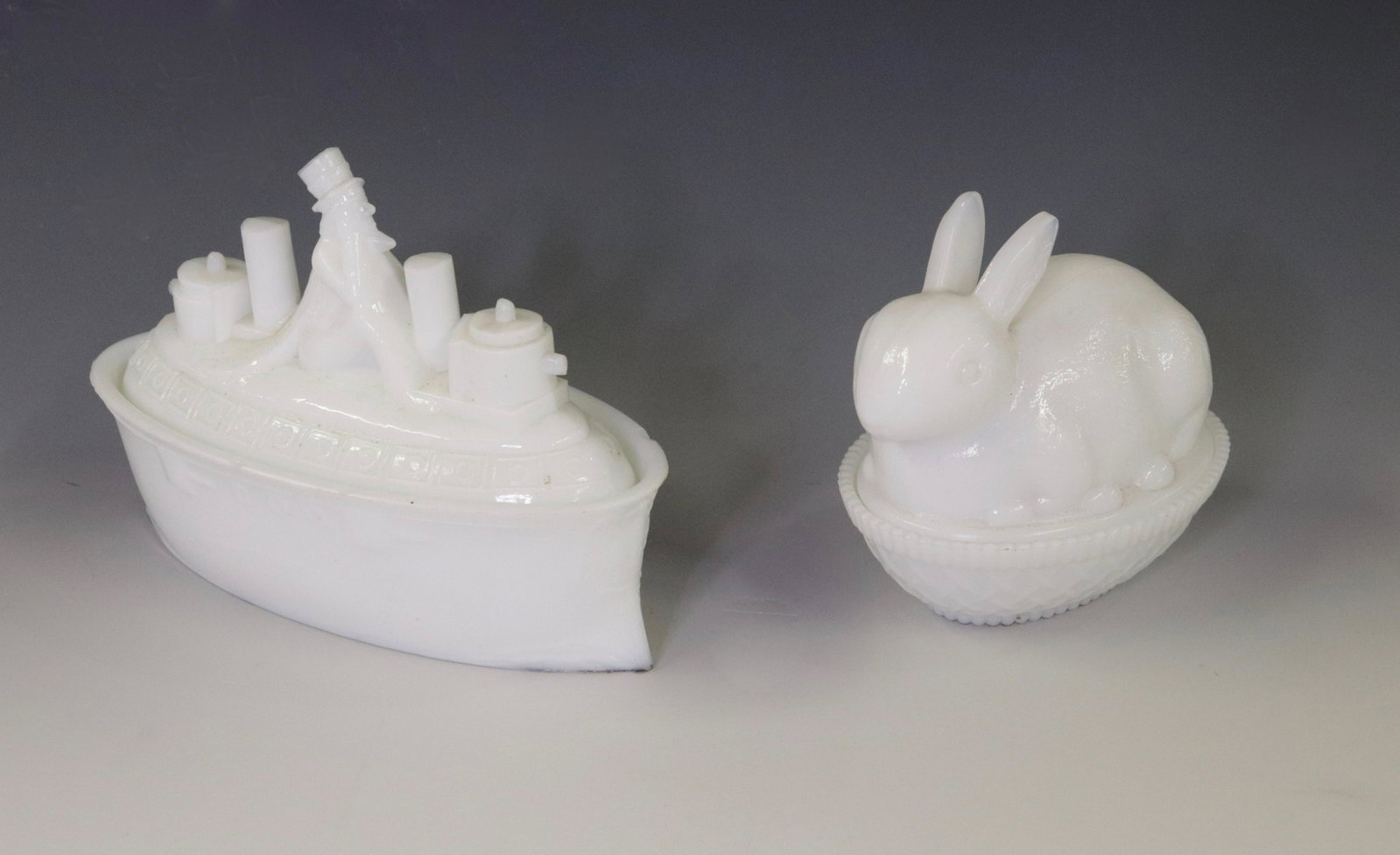 PAIR OF MILK GLASS COVERED DISHES: UNCLE SAM ON BATTLESHIP AND RABBIT ON NEST Dimensions BATTLESHIP 6.75" L
