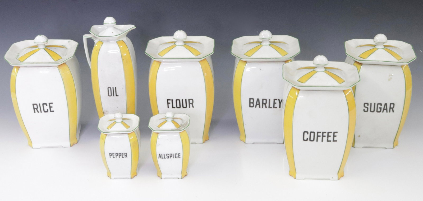 GROUP LOT OF VINTAGE CANISTERS: (8) INCLUDING OIL PITCHER. VICTORIA CHINA, CZECHOSLOVAKIA Dimensions LARGE CANISTERS 7.5" H