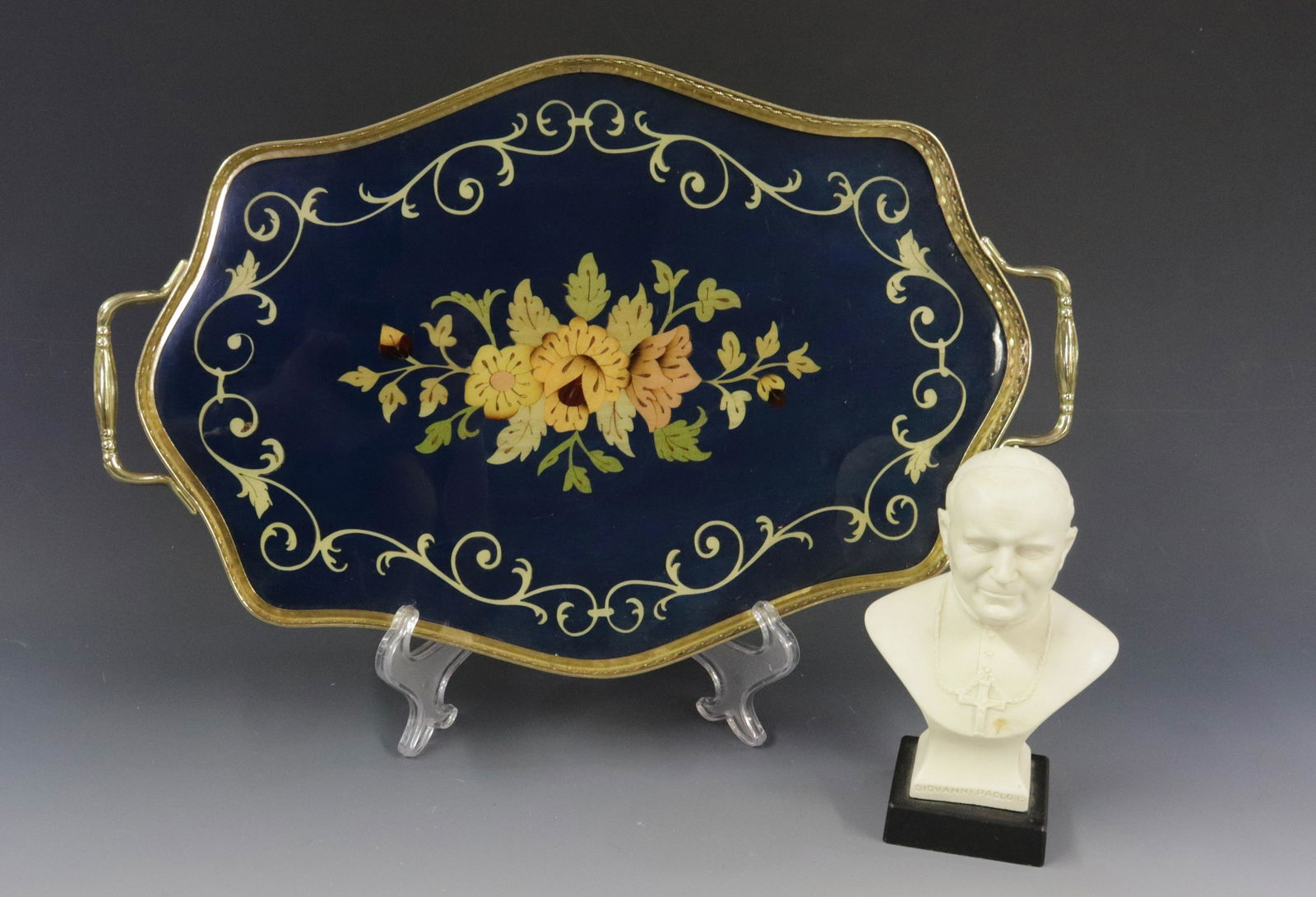 BUST OF POPE JOHN PAUL II WITH ITALIAN TRAY: MARQUETRY TRAY WITH BRASS TRIM Dimensions BUST6.25" H AND TRAY 17" L