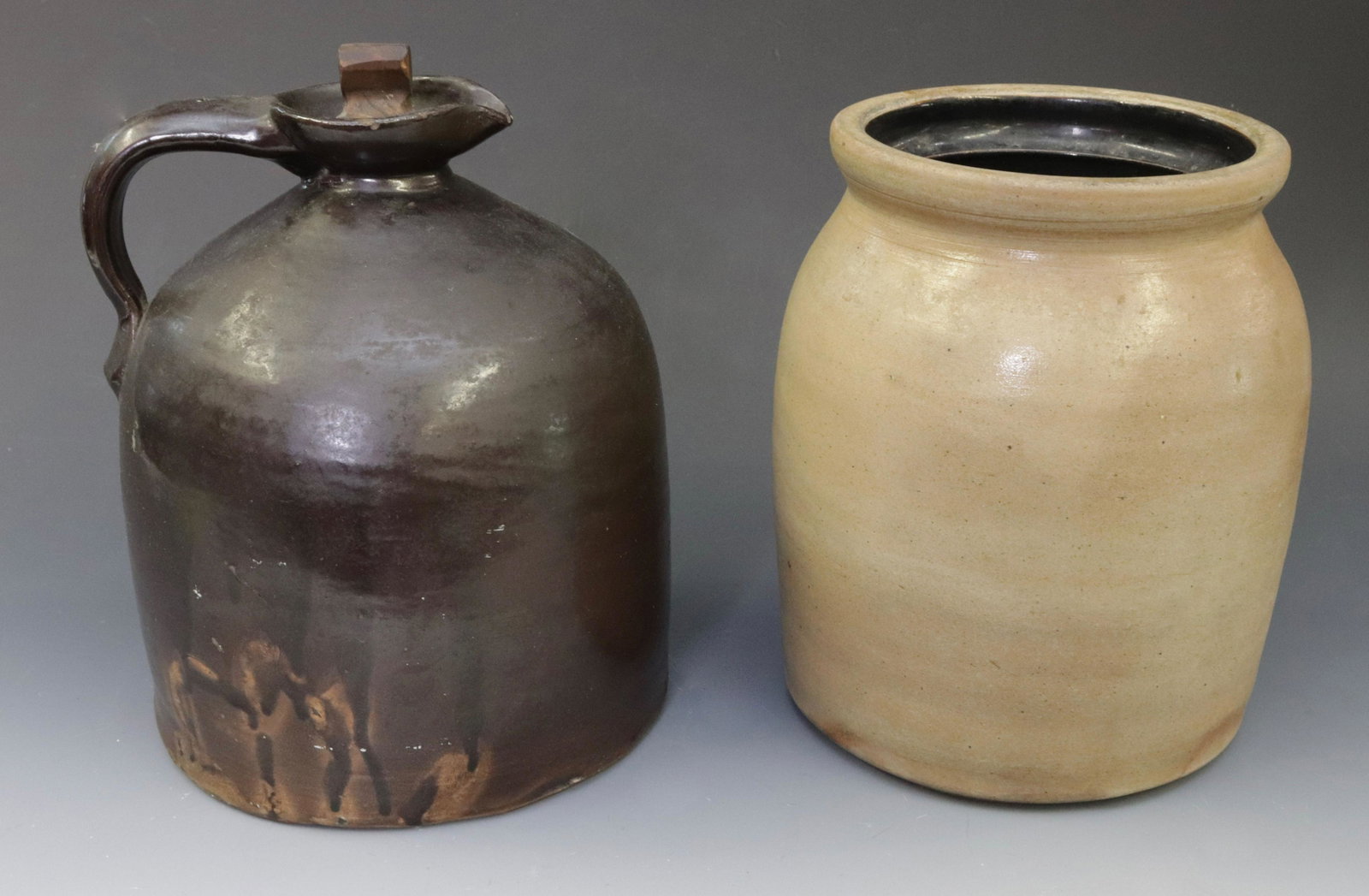 STONEWARE CROCK AND JUG: BROWN GLAZE MOLASSES JUG AND STRAIGHT SIDED CROCK Dimensions 9" H