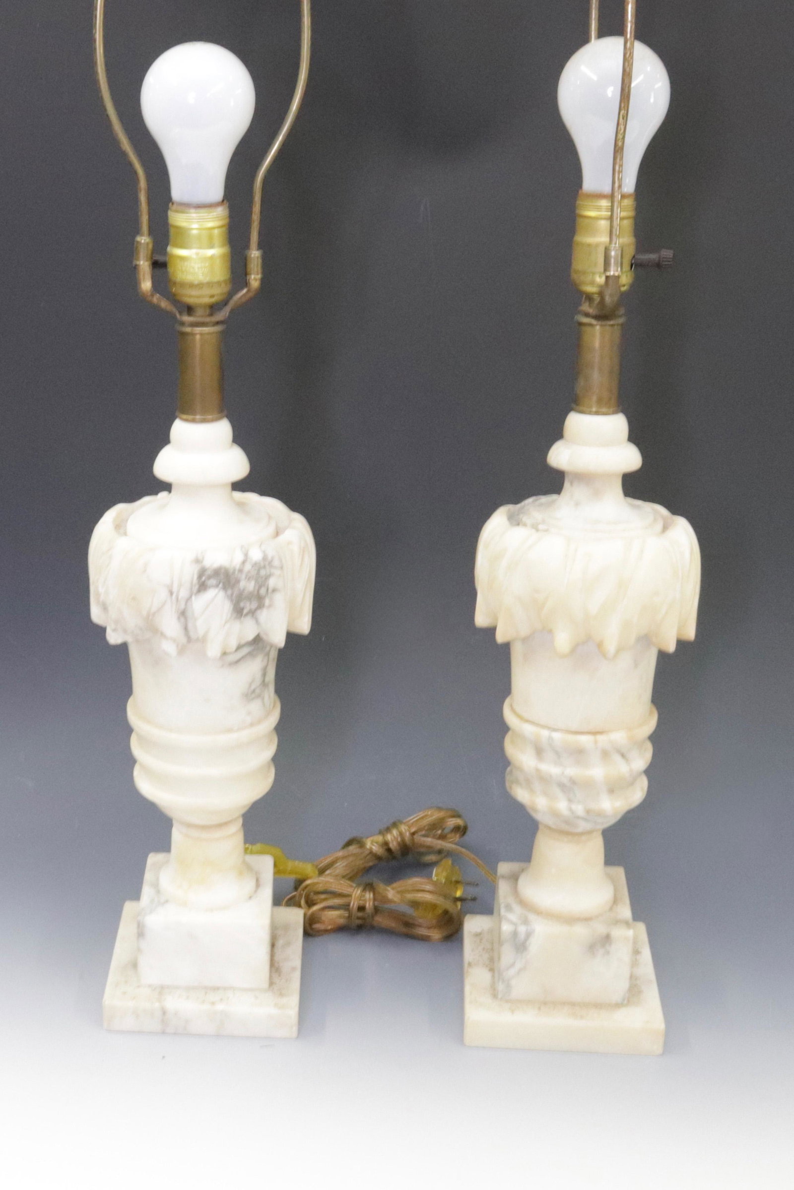 PAIR OF ALABASTER LAMPS: BRASS COLLARS Dimensions BASES MEASURE 14.5" H