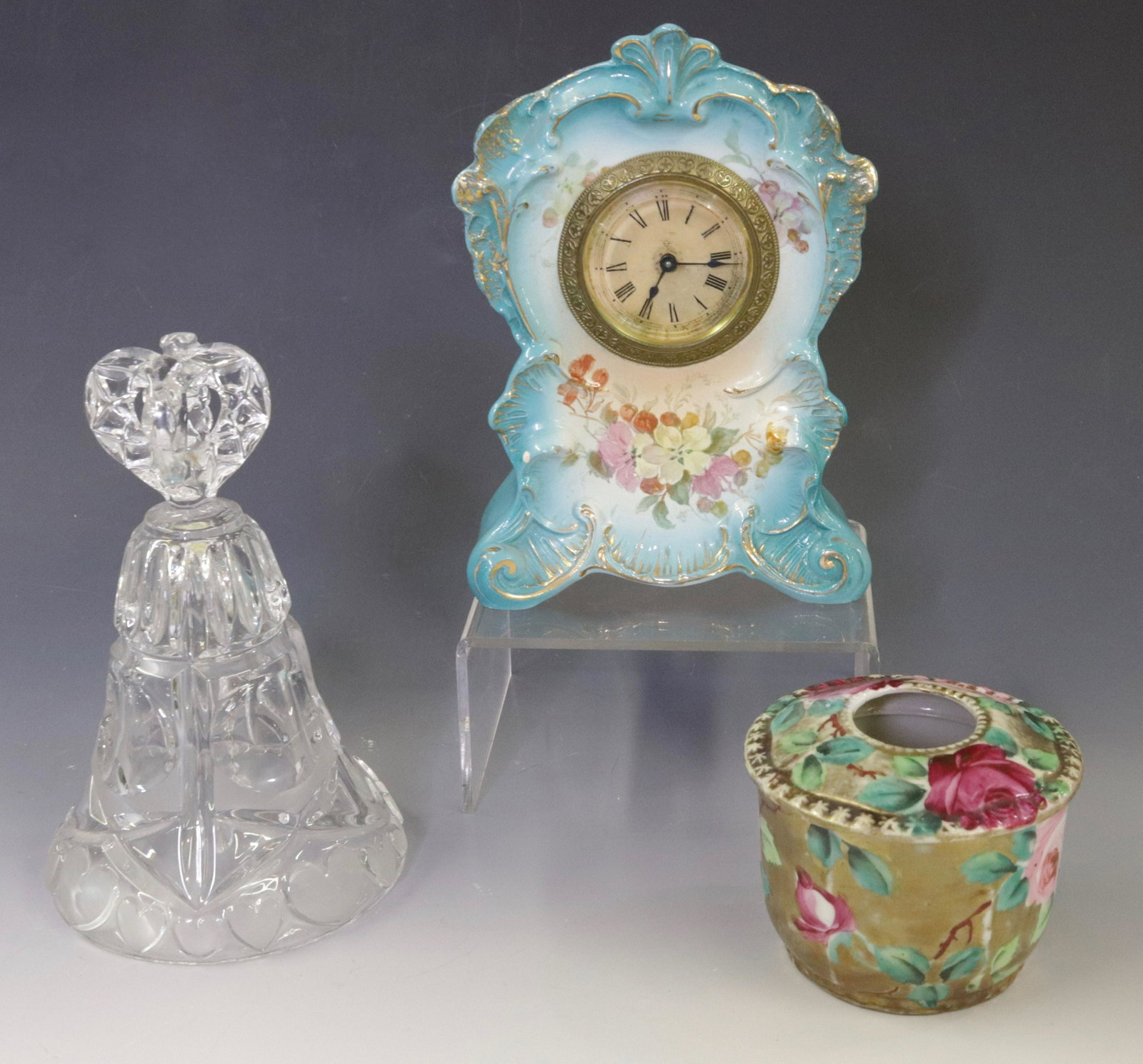 ANSONIA CLOCK, HAIR RECEIVER AND GLASS BELL: CLOCK IN GERMAN PORCELAIN CASE Dimensions CLOCK 7"