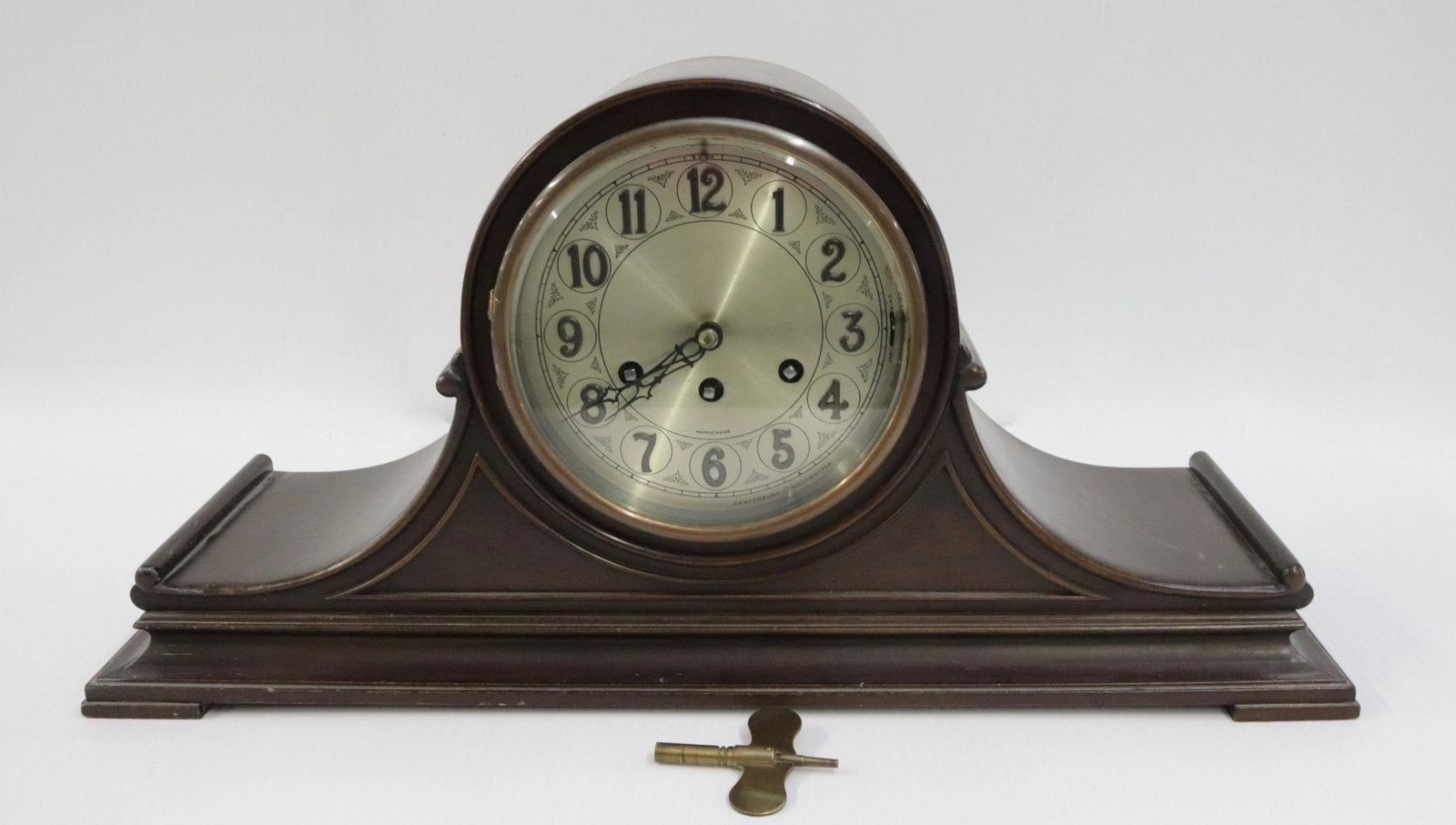 HERSCHEDE MANTLE CLOCK: PENDULUM MODEL 10. WESTMINSTER AND CANTERBURY MANTEL CHIME CLOCK. INCLUDES KEY AND PENDULUM