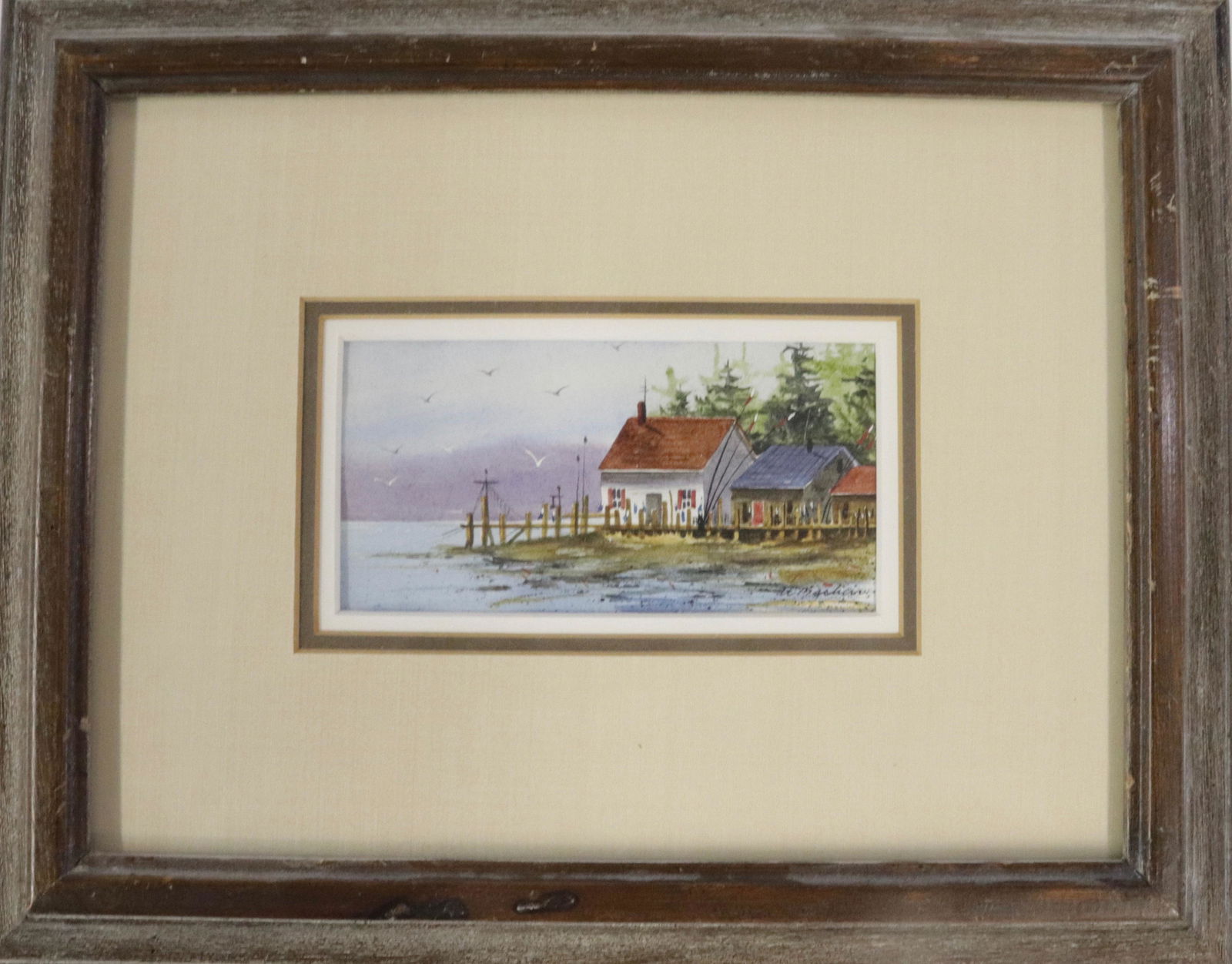 AL BARKER (BORN 1941, NJ) OIL ON MASONITE: "LOW TIDE" 11/82. MATTED AND FRAMED UNDER GLASS