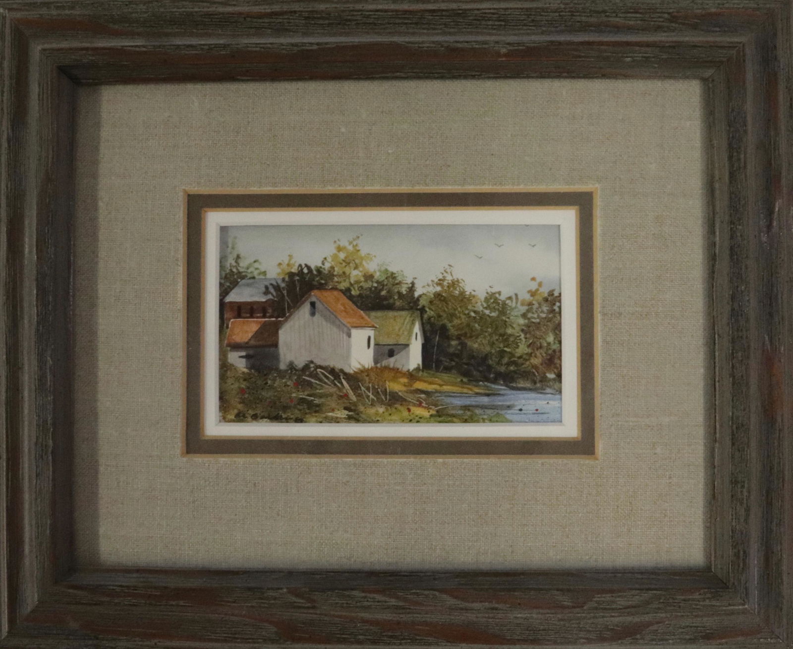 AL BARKER (BORN 1941, NJ) OIL ON MASONITE: "FARM POND" 11/8. MATTED AND FRAMED UNDER GLASS