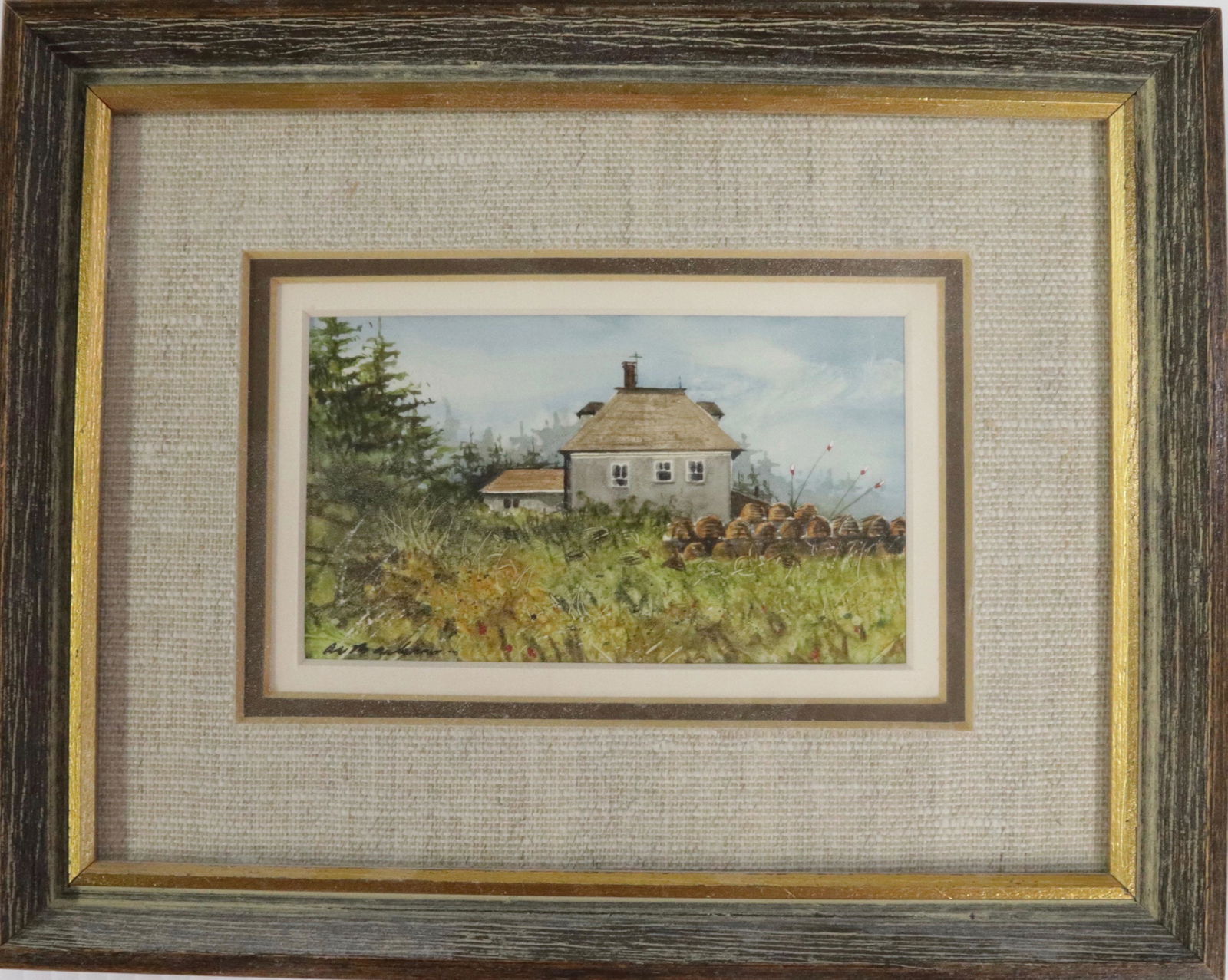 AL BARKER (BORN 1941, NJ) OIL ON MASONITE: "MONHEGAN ISLAND, ME" 3/82. MATTED AND FRAMED UNDER GLASS