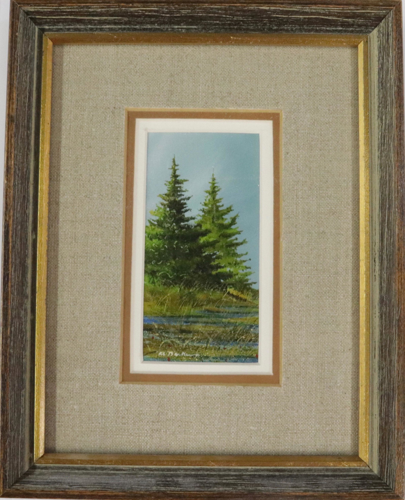 AL BARKER (BORN 1941, NJ) OIL ON MASONITE: "SPRUCE TREE SHADOWS" 3/82. MATTED AND FRAMED