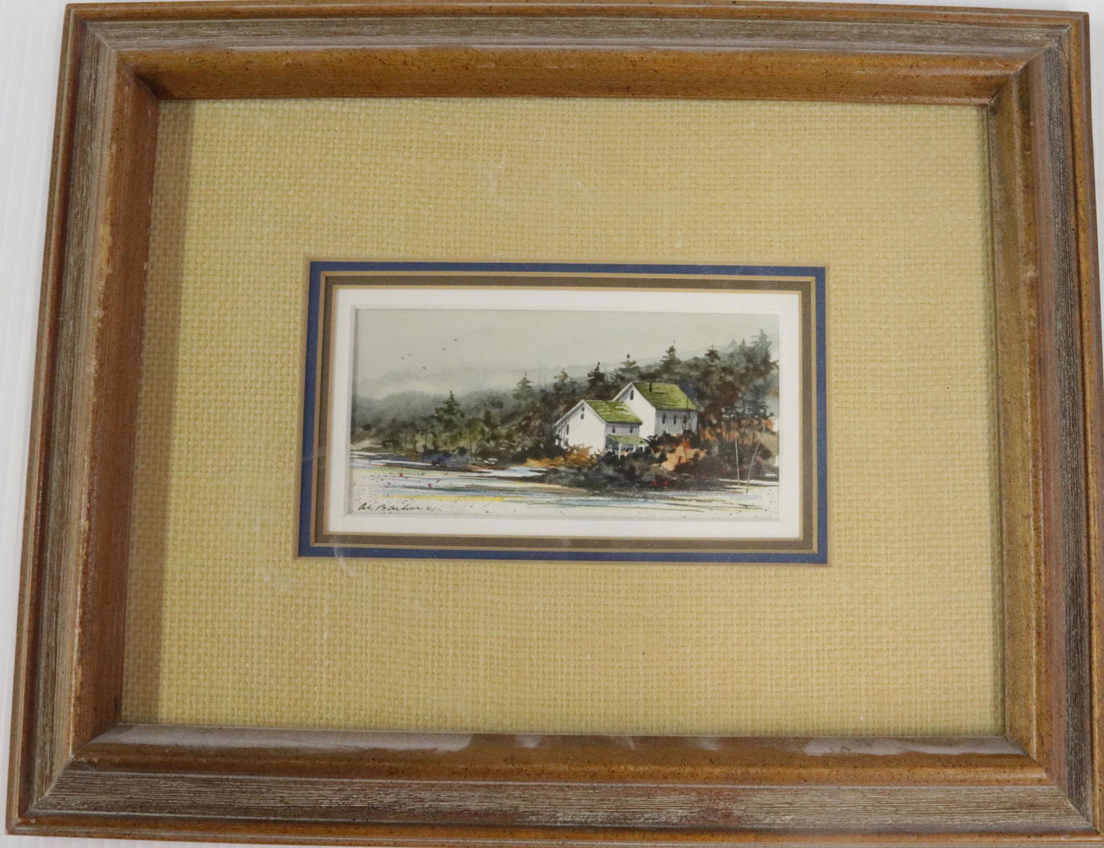 AL BARKER (BORN 1941, NJ) OIL ON MASONITE: "SHADOWS OF FARM" 6/83. MATTED AND FRAMED UNDER GLASS