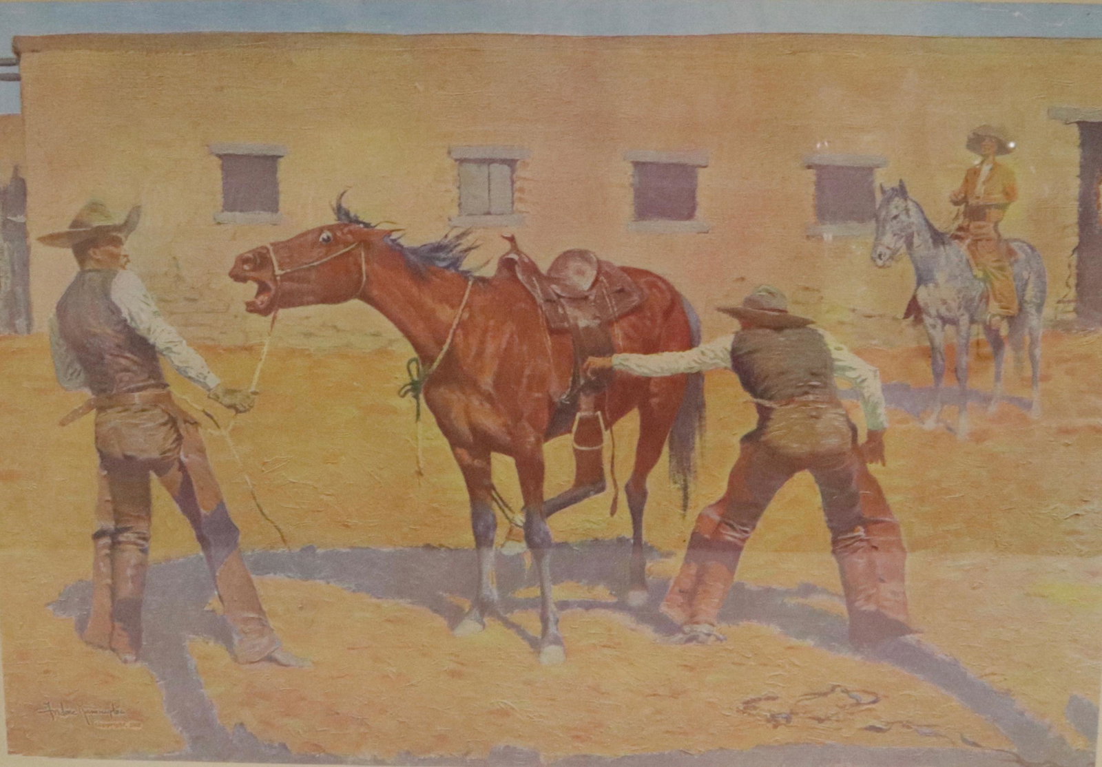 FREDERIC REMINGTON 1908 PRINT: "HIS FIRST LESSON" FRAMED UNDER GLASS