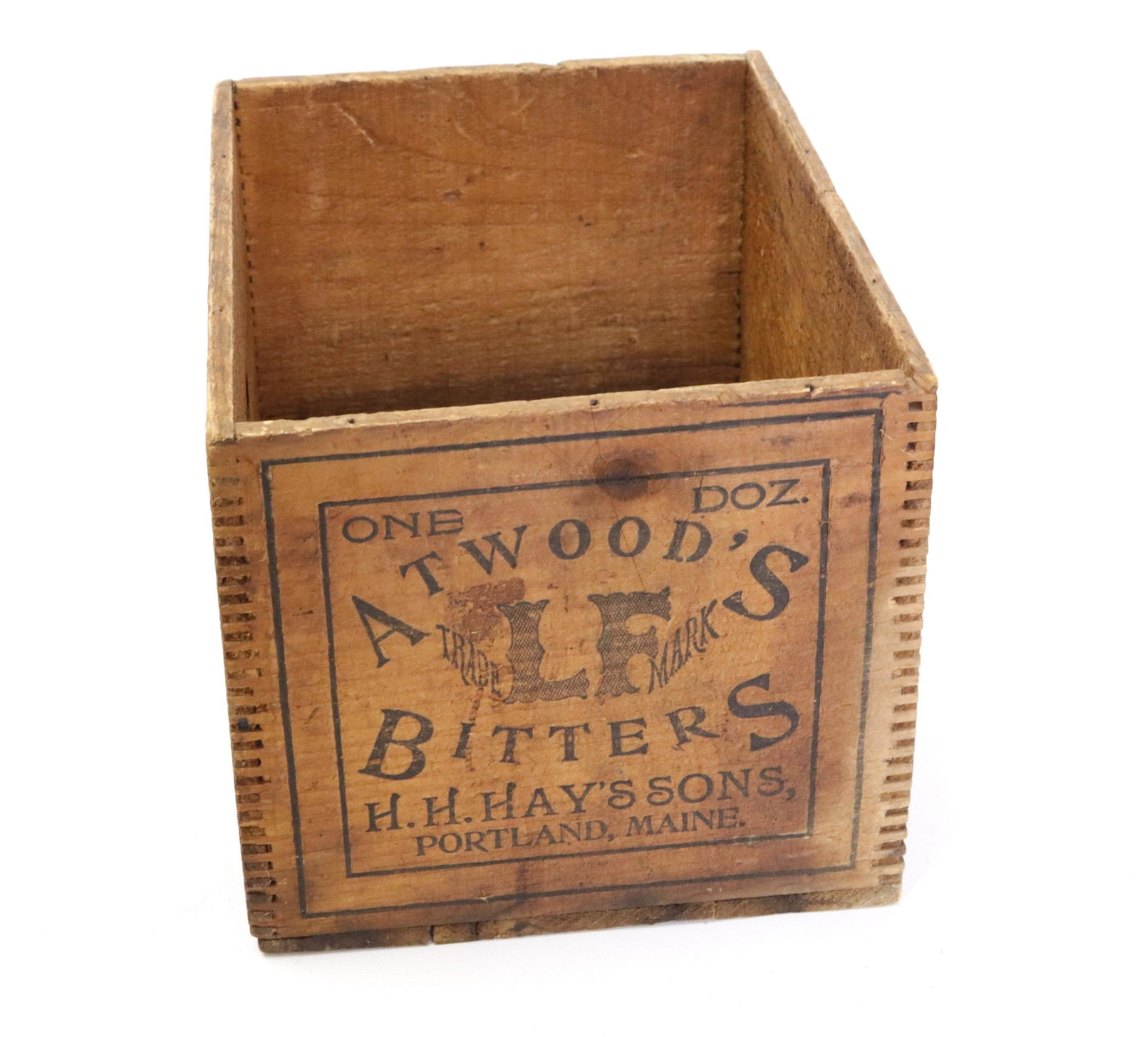 VINTAGE WOODEN BITTERS ADVERTISING CRATE: "ATWOODS BITTERS" H.H. HAY'S SONS, PORTLAND, MAINE 7 1/2" X 8" X 11"
