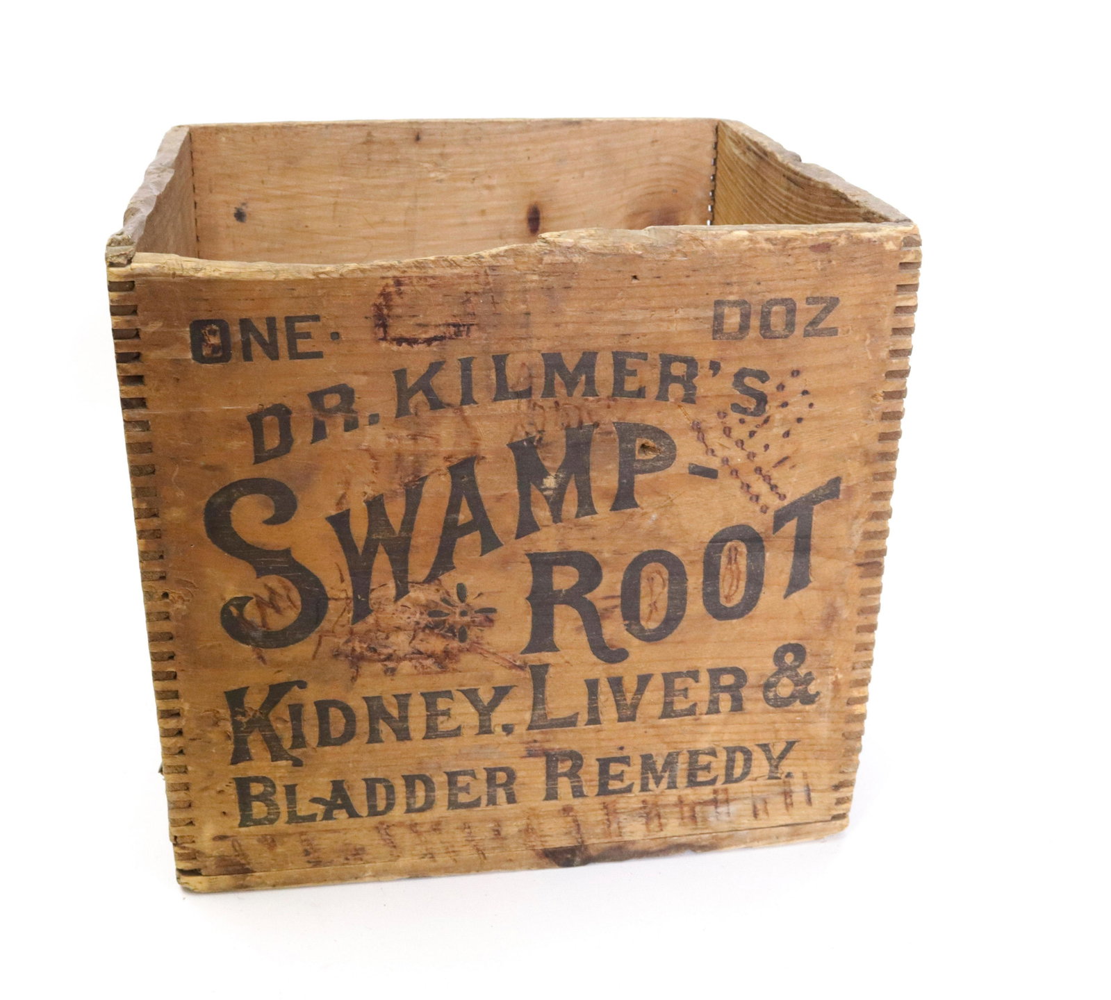 VINTAGE WOODEN ADVERTISING CRATE: DR. KILMER'S "SWAMP ROOT" KIDNEY, LIVER, AND BLADDER REMEDY - BINGHAMTON, NEW YORK 10 1/4" X 11" X 10 1/4"