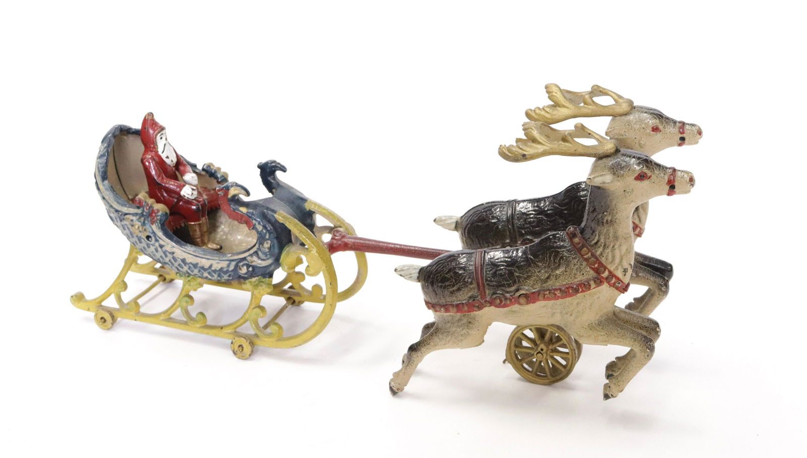GERMAN STYLE SANTA WITH SLEIGH: CAST IRON SANTA, SLEIGH, AND REINDEER - MARKED #705 - PAINTED IN RED, YELLOW, BLUE, AND CREAM 16" L