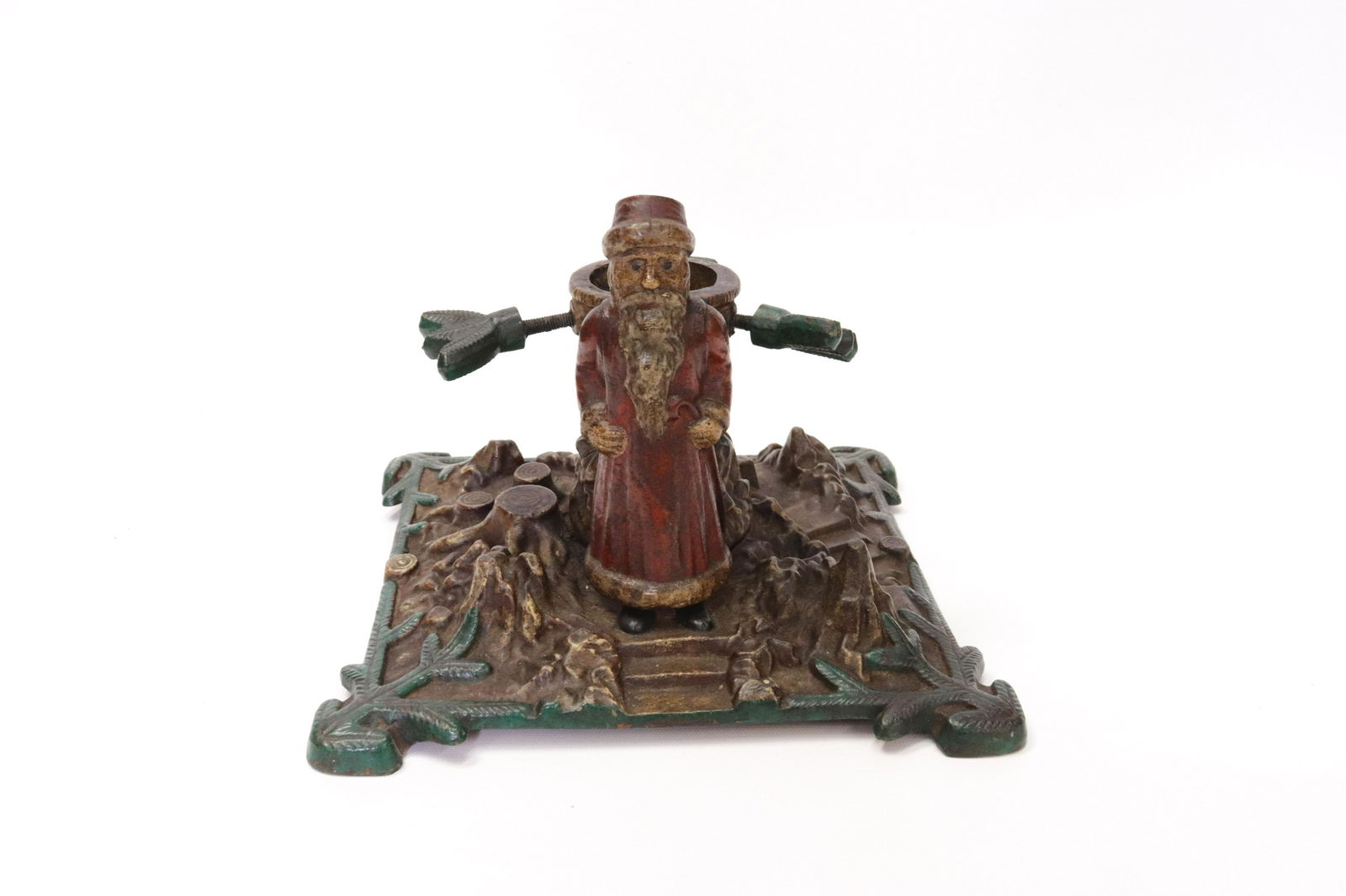 GERMAN CAST IRON SANTA CLAUS TREE HOLDER: PAINTED SANTA CLAUS TREE HOLDER - UNMARKED 7 1/2" H X 10" X 10"