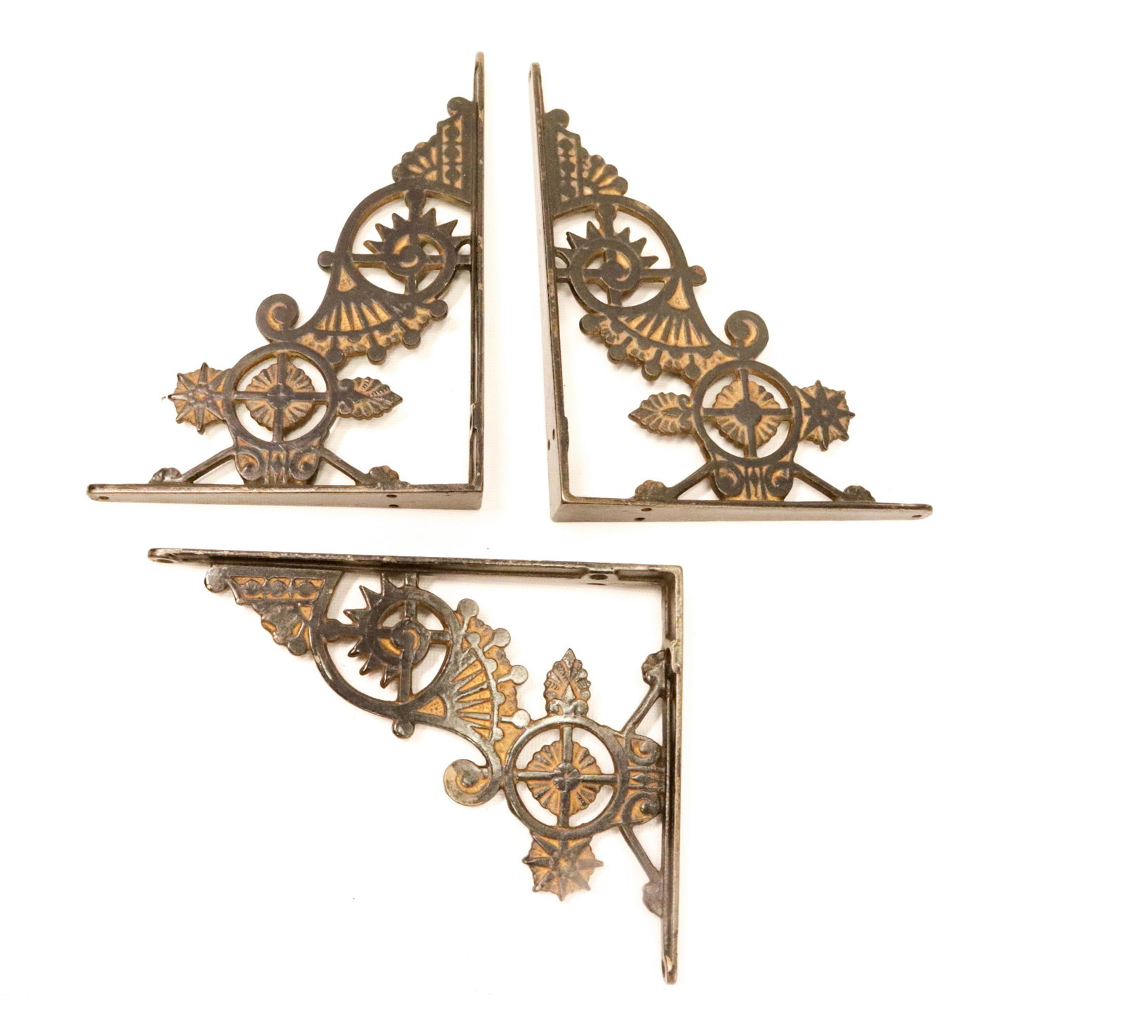 SET OF CAST IRON SHELF BRACKETS: LOT OF (3) CAST IRON BRACKETS ALL MATCHING WITH BLACK PAINT AND GOLD ACCENTS 8" X 6"
