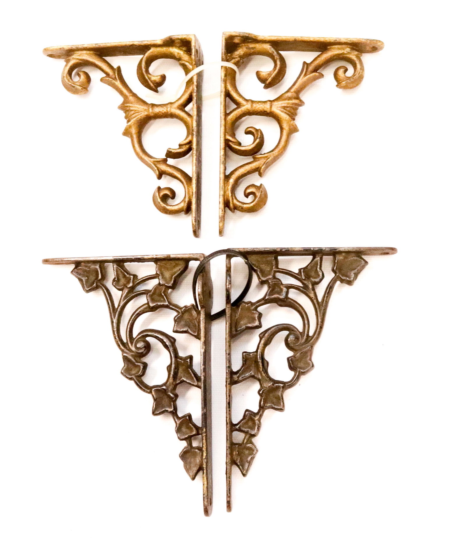 LOT OF CAST IRON SHELF BRACKETS: (2) PAIR OF VICTORIAN SHELF BRACKETS - ONE WITH GOLD PAINTED ACCENTS - NICE DETAIL 5" X 4" - 5 3/4" X 4"
