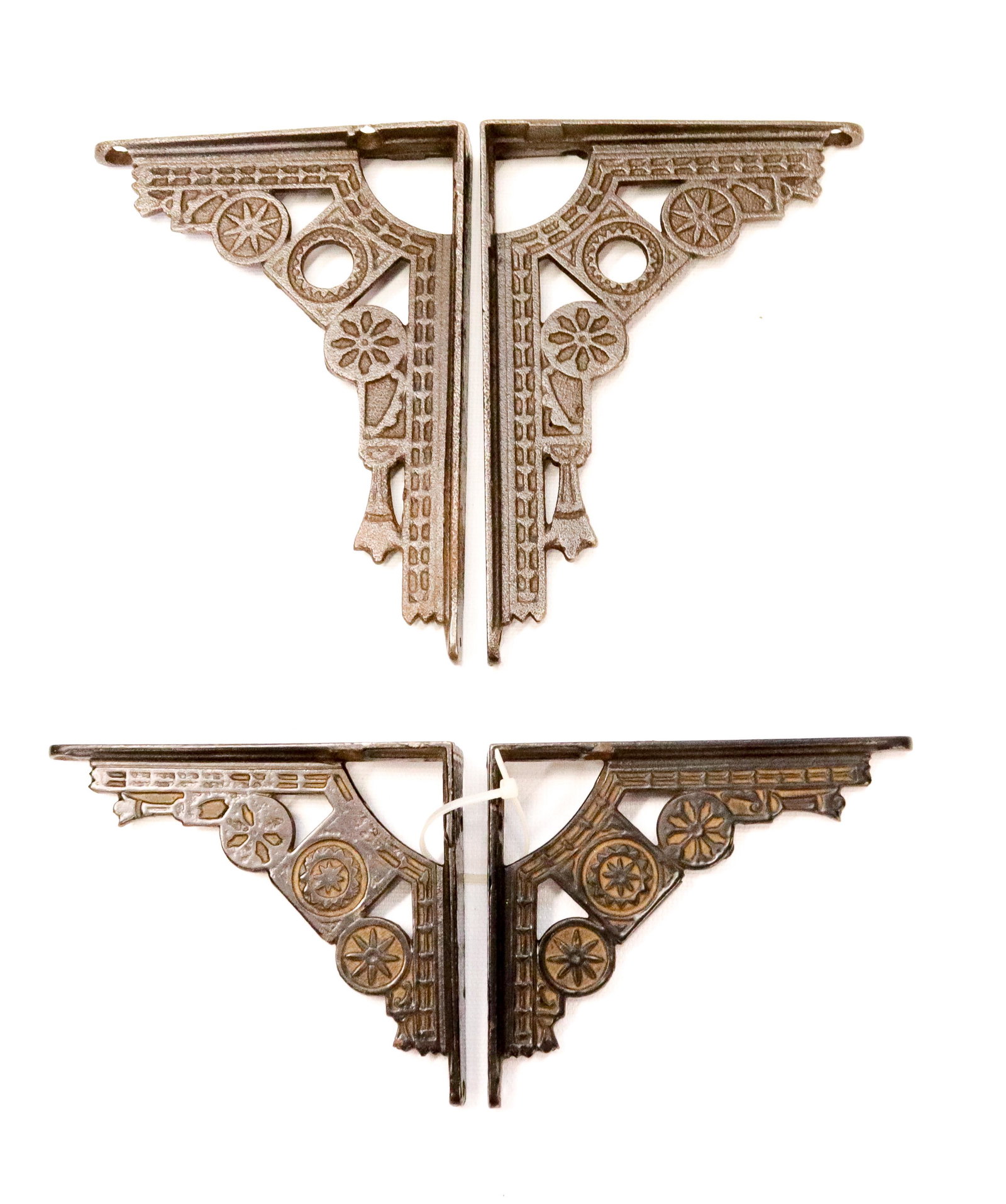 LOT OF CAST IRON SHELF BRACKETS: (2) PAIR OF FANCY VICTORIAN SHELF BRACKETS - ONE WITH GOLD PAINT ACCENTS 5" X 7" - 5" X 4"