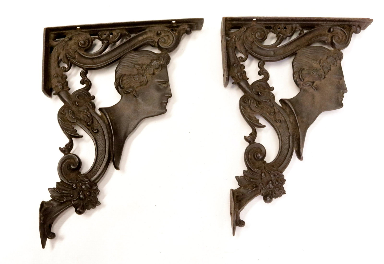 VICTORIAN SHELF BRACKETS: 19TH CENTURY LARGE SIZE SHELF BRACKETS WITH ROMAN HEAD DESIGN - RARE STYLE 10" X 13 1/2"