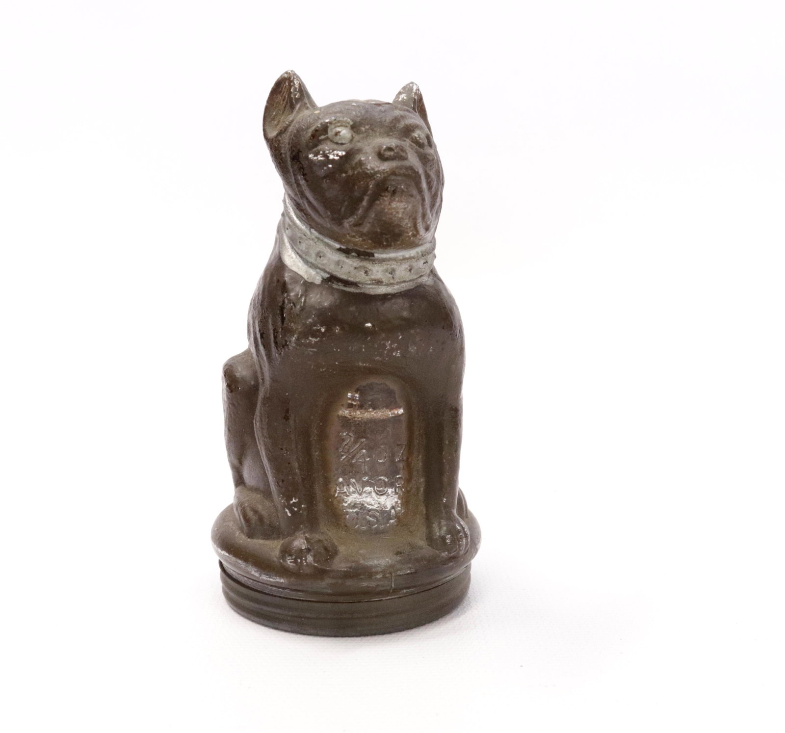 GLASS BULLDOG CANDY CONTAINER: TIN SCREW ON BASE 4.25" H