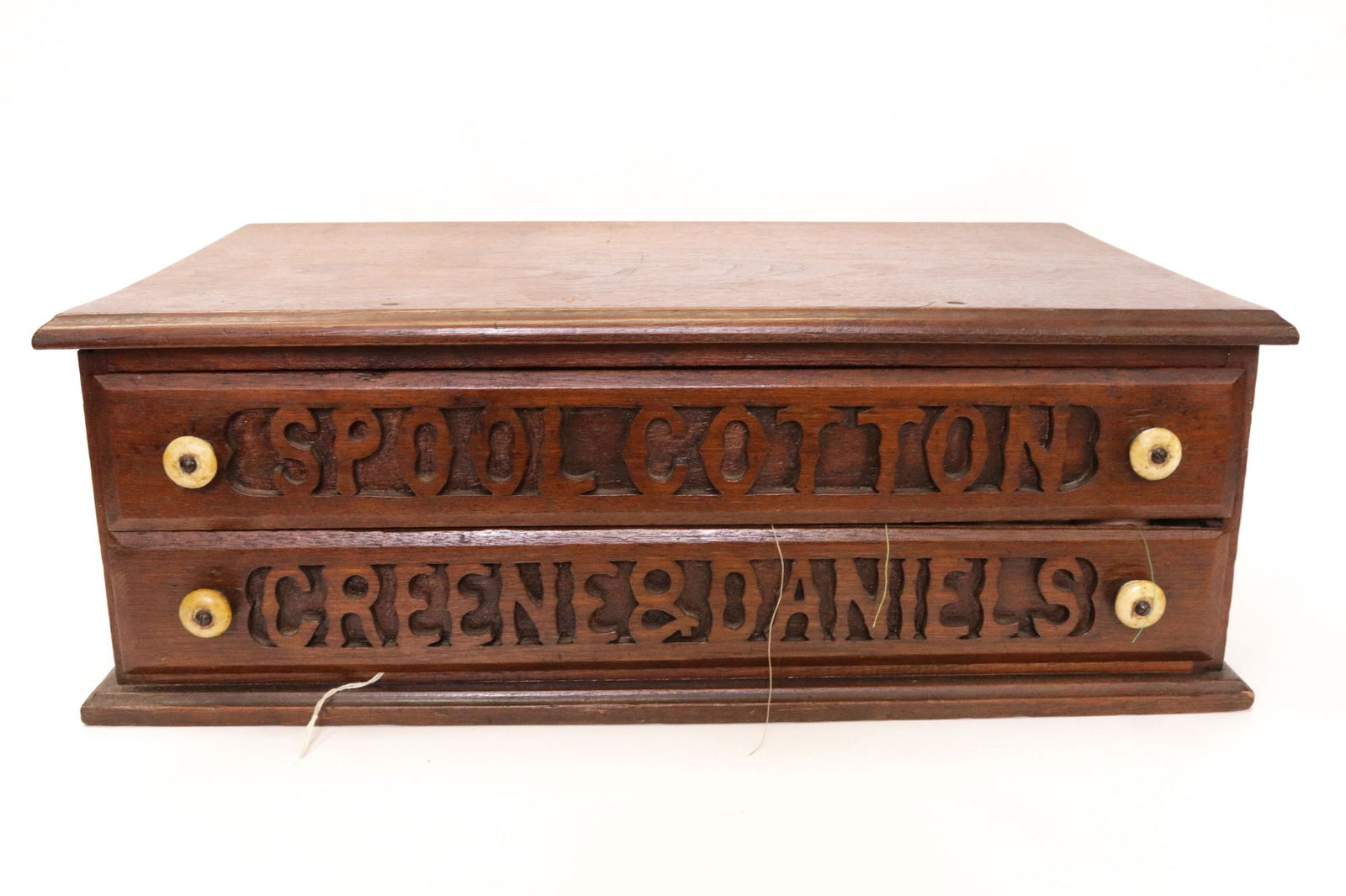GREENE & DANIELS SPOOL CABINET: WOODEN CABINET WITH TWO DRAWERS 7.5" X 21.5" X 12.75"