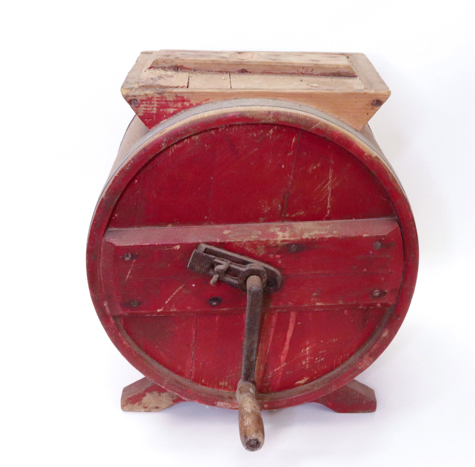 PAINTED WOODEN BUTTER CHURN: RED SURFACE WITH LID AND METAL BANDS 16.5" X 14.5" X 11.5"