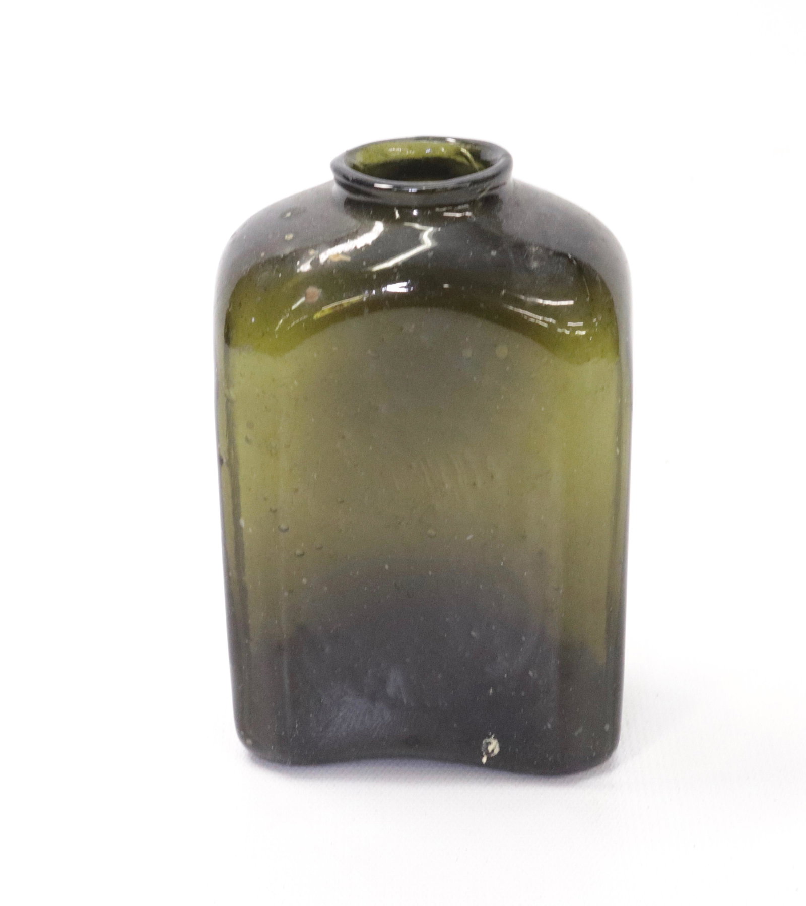 BLOWN GLASS SNUFF BOTTLE: OLIVE GREEN WITH ROUGH PONTIL 4.25" H