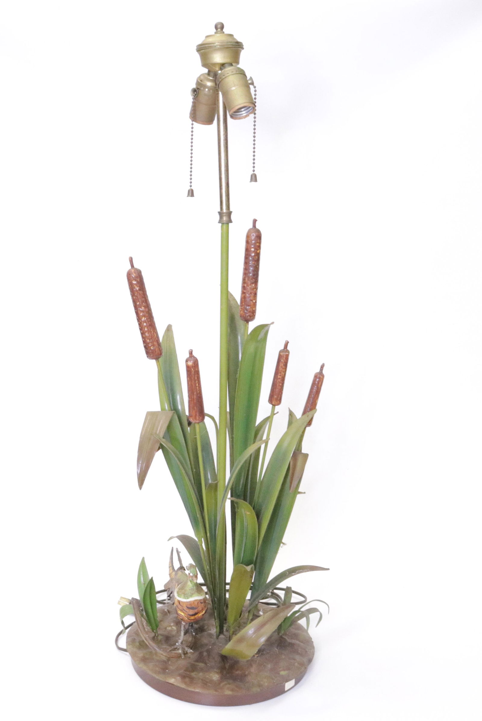 VINTAGE PAINTED METAL TABLE LAMP: CATTAILS WITH PHEASANT 32" TOTAL HEIGHT