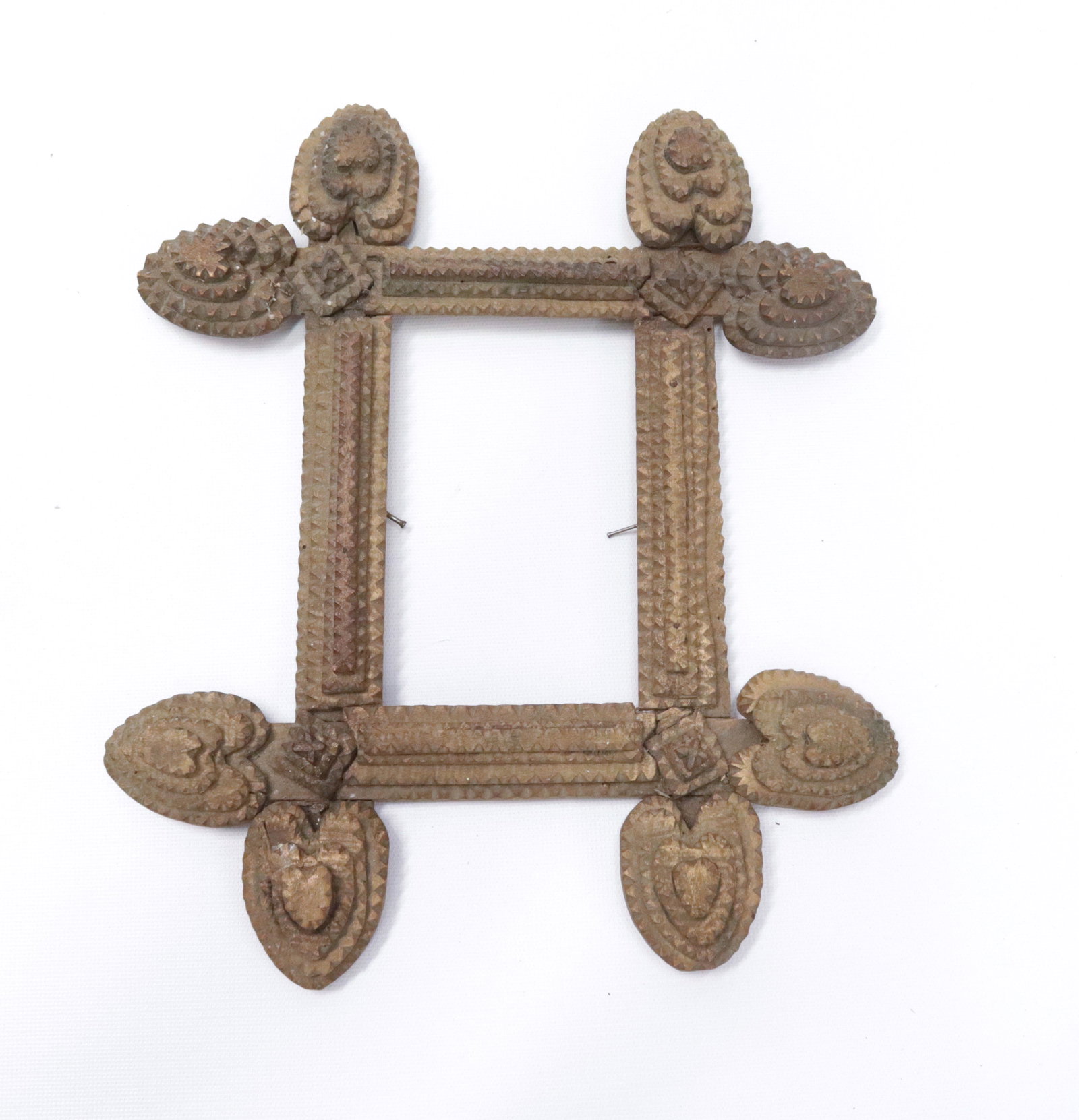 TRAMP ART CARVED FRAME: CHIP CARVED WITH HEART MOTIF 12" X 10" TOTAL SIZE