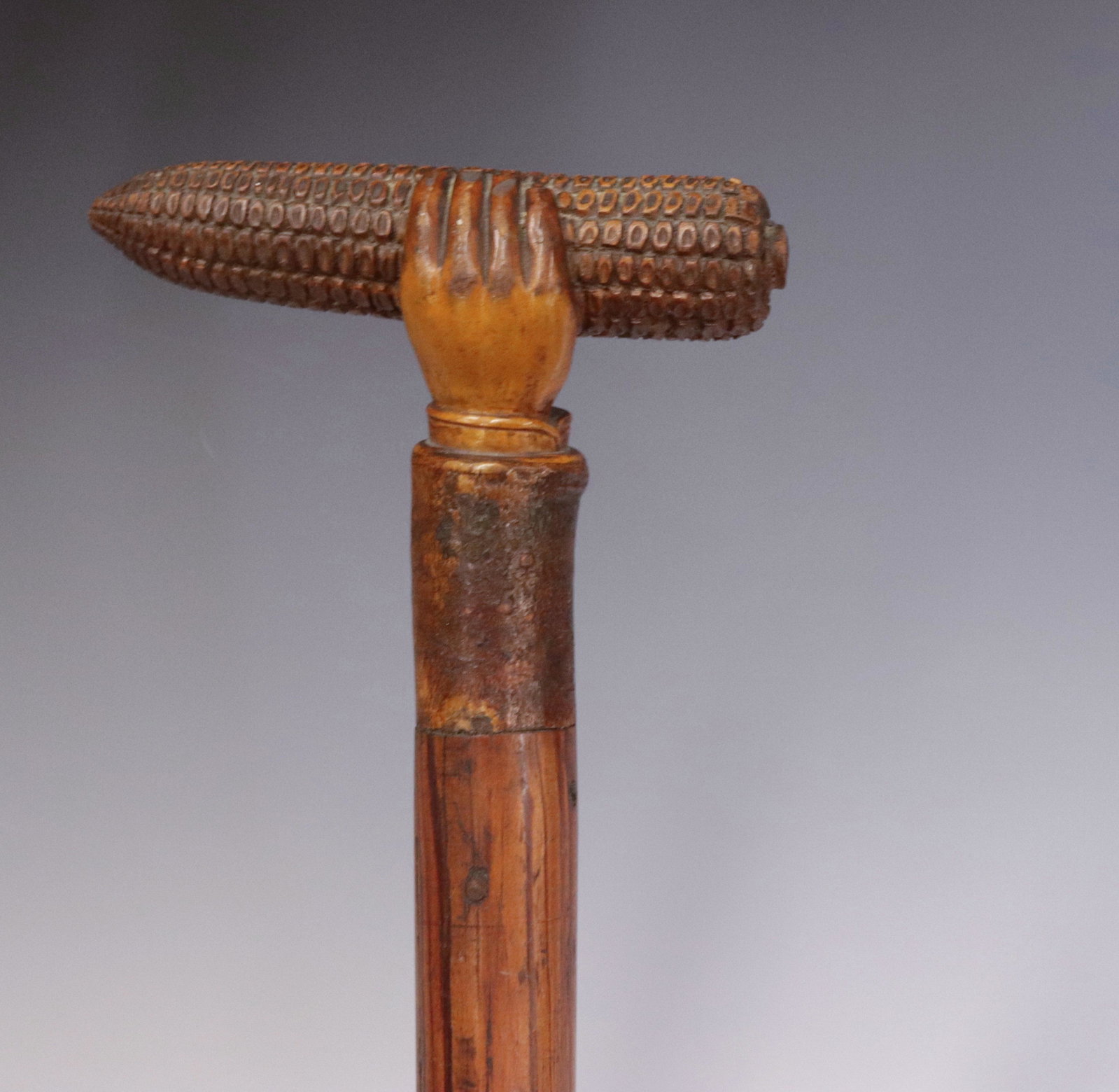 FOLK ART CARVED WOODEN CANE: CORN COB IN HAND CARVING - NATURAL FINISH - FINE DETAILS - BRASS FERRULE 36" L
