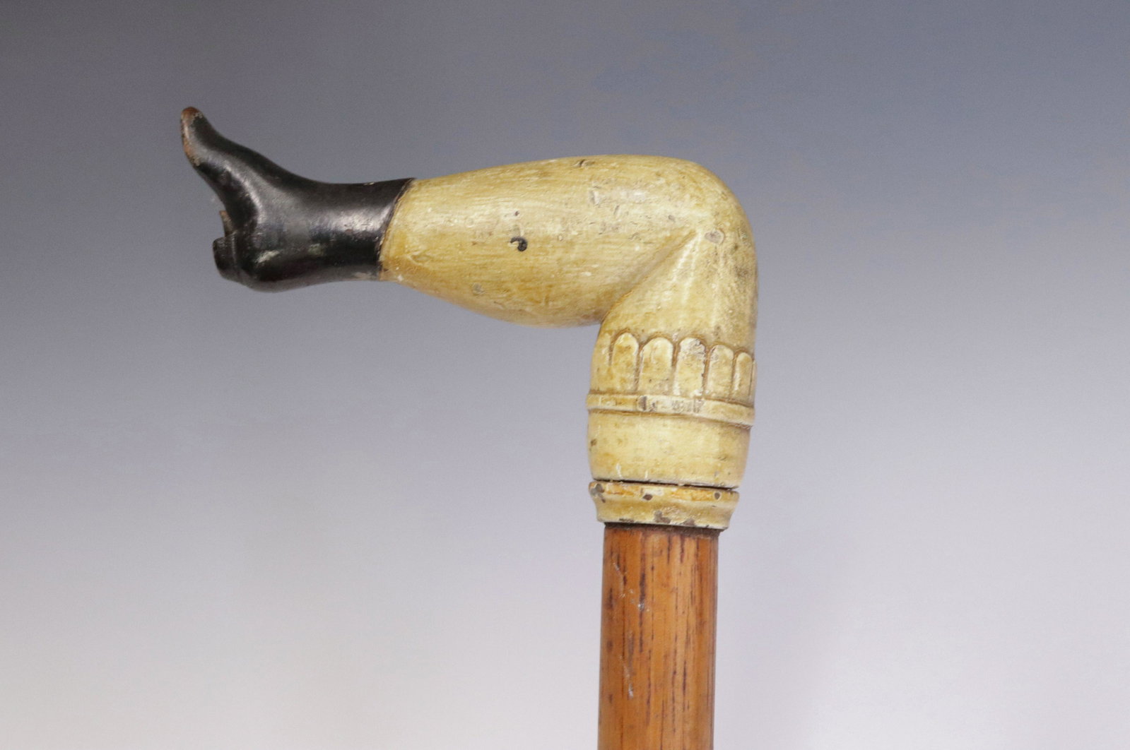FOLK ART CARVED WOODEN CANE: PAINTED WOMAN'S LEG IN HIGH BUTTON BOOT AT HANDLE 36" L