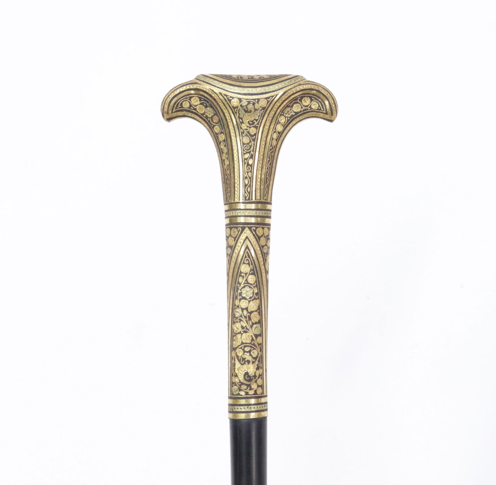 TOLEDO STEEL AND GOLD HANDLE DRESS CANE: TOP IS ENCRUSTED WITH DENSE 24 KARAT GOLD WIRE - EBONY SHAFT WITH BRASS FERRULE - CHIMERA AT TOP - BELIEVED TO HAVE BEEN MADE BY; PLACIDO ZULOAGA FROM; EIBAR 35 3/4" L