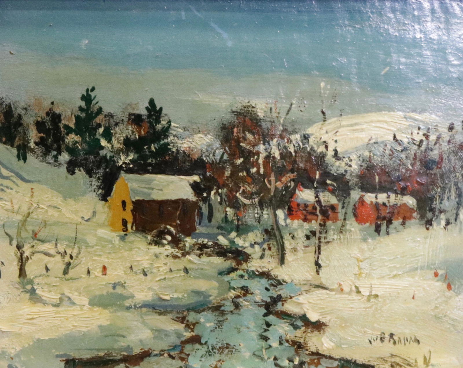 WALTER EMERSON BAUM OIL ON BOARD: PENNSYLVANIA (1884-1956) SMALL SIZE WINTER LANDSCAPE WITH STREAM AND HOUSE. 4 3/4" X 3 3/4" SIGHT VIEW