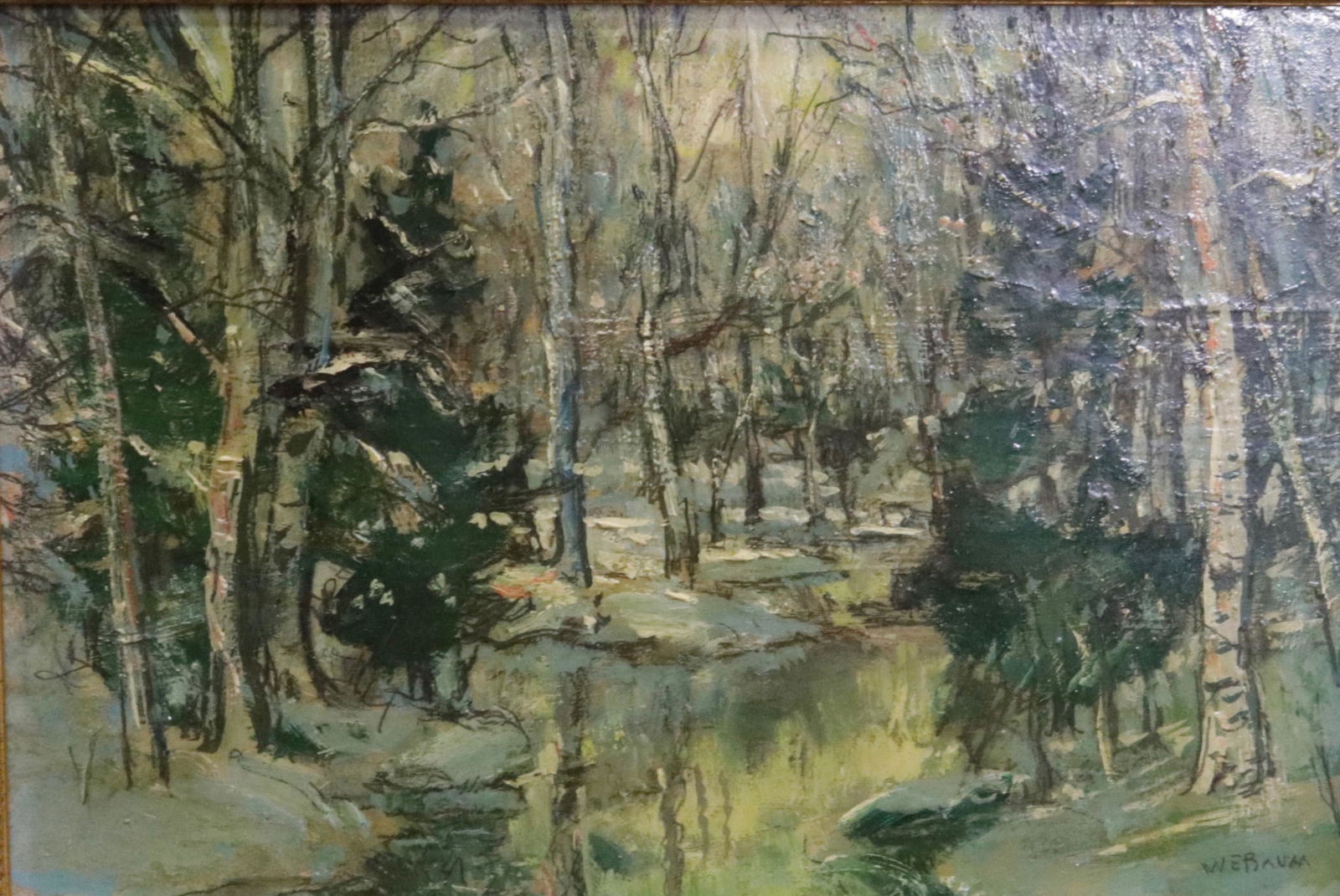 WALTER EMERSON BAUM OIL ON BOARD: PENNSYLVANIA (1884-1956) WINTER FOREST STREAM SCENE 6 3/4" X 4 3/4" SIGHT VIEW