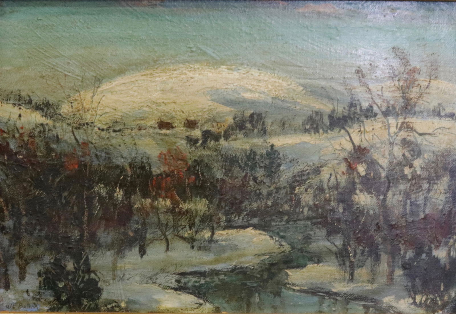 WALTER EMERSON BAUM OIL ON BOARD: PENNSYLVANIA (1884-1956) WINTER MOUNTAIN AND VALLEY SCENE WITH HOUSES AND STREAM 6 3/4" X 4 3/4" SIGHT VIEW