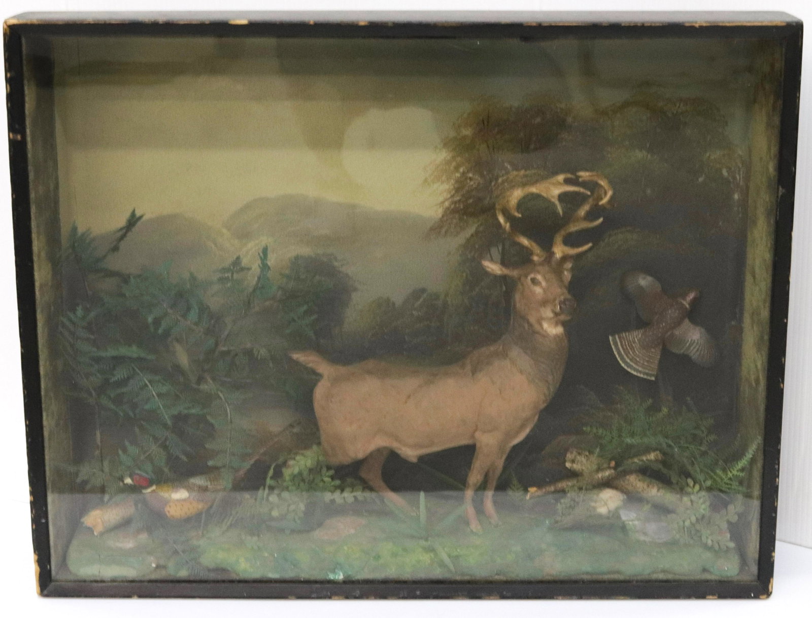 ANTIQUE HAND PAINTED DIORAMA: DEPICTS A PAINTED STAG WITH TWO PHEASANTS. PAINTED PLASTER GROUND COVER. PAINTED BACKGROUND WITH VELVET TRIM 21" X 27" X 6"