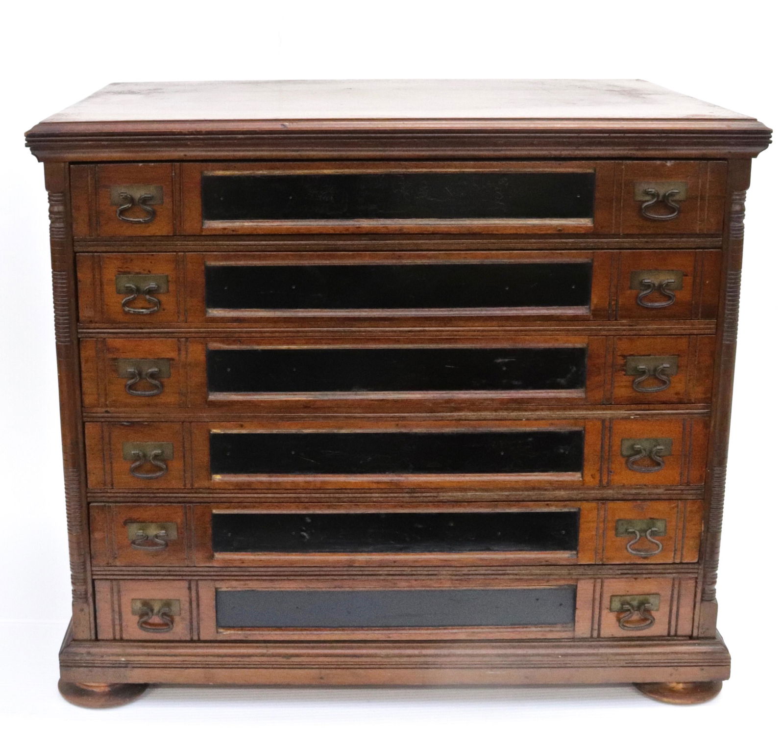 ANTIQUE SIX DRAWER J&P SPOOL CABINET: OLD FINISH WITH PAPER LITHOGRAPHED FISHING SCENE ON BACK 21" X 24 1/2" X 17 1/2"