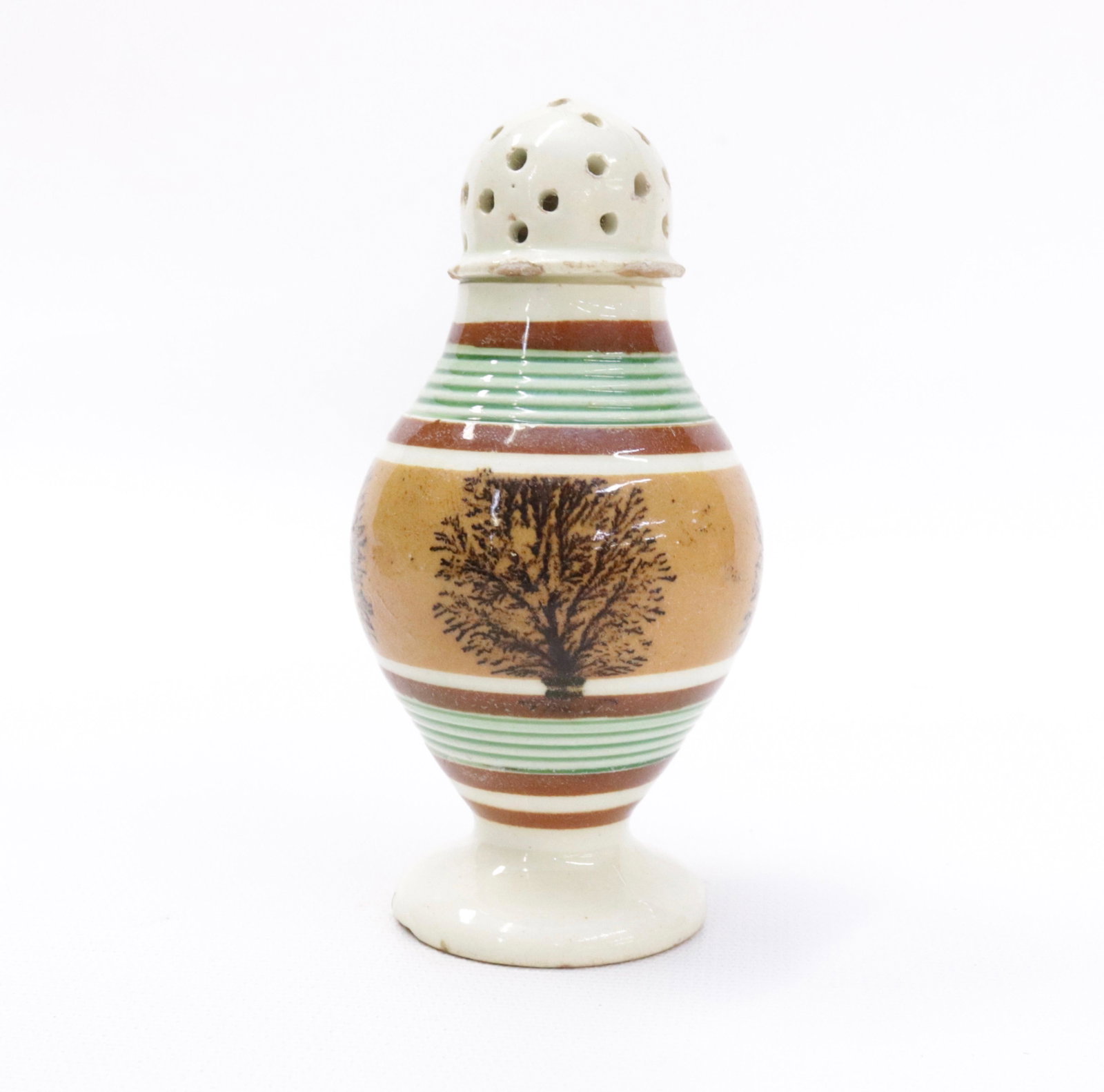 19TH CENTURY MOCHAWARE PEPPER POT: ORANGE BACKGROUND WITH BROWN SEAWEED DECORATION - GREEN AND DARK BROWN BANDING 4 1/4" H