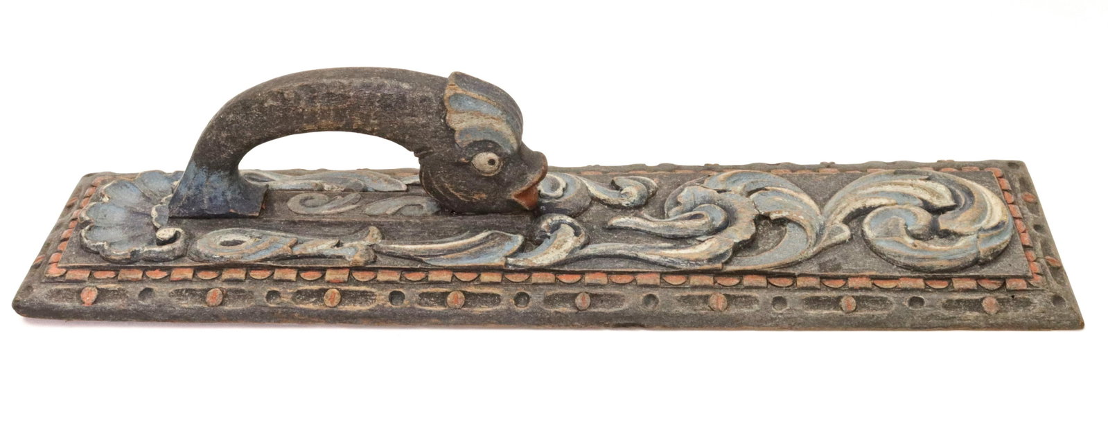 ANTIQUE EUROPEAN MANGLE BOARD: HAND CARVED WITH FISH HANDLE - AND BOARD DEPICTS A WAVY SEA - 19TH CENTURY 23 1/2" L
